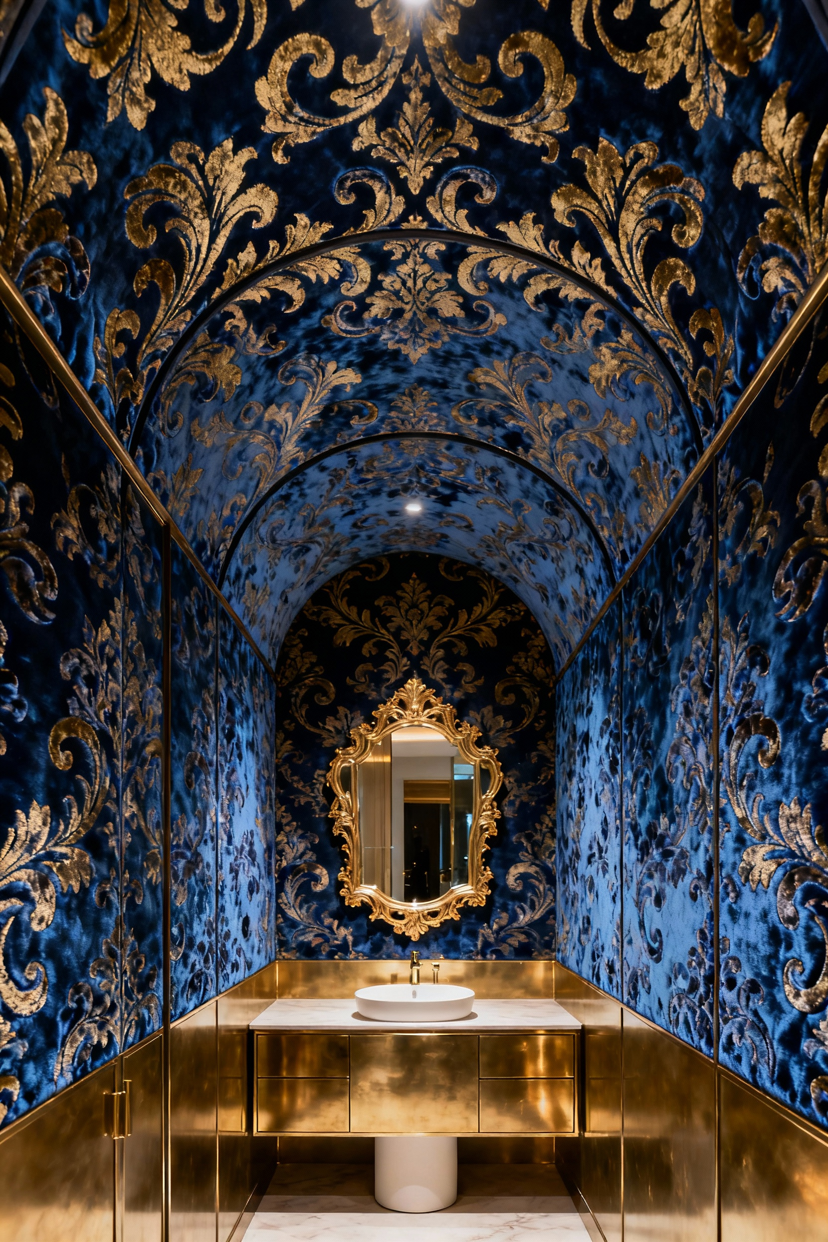 A luxurious maximalist powder room with velvet flock wallpaper extending from a barrel-vault ceiling down to the custom brass-clad vanity panels, featuring a swirling damask motif in blue and gold, creating an opulent, immersive design statement.