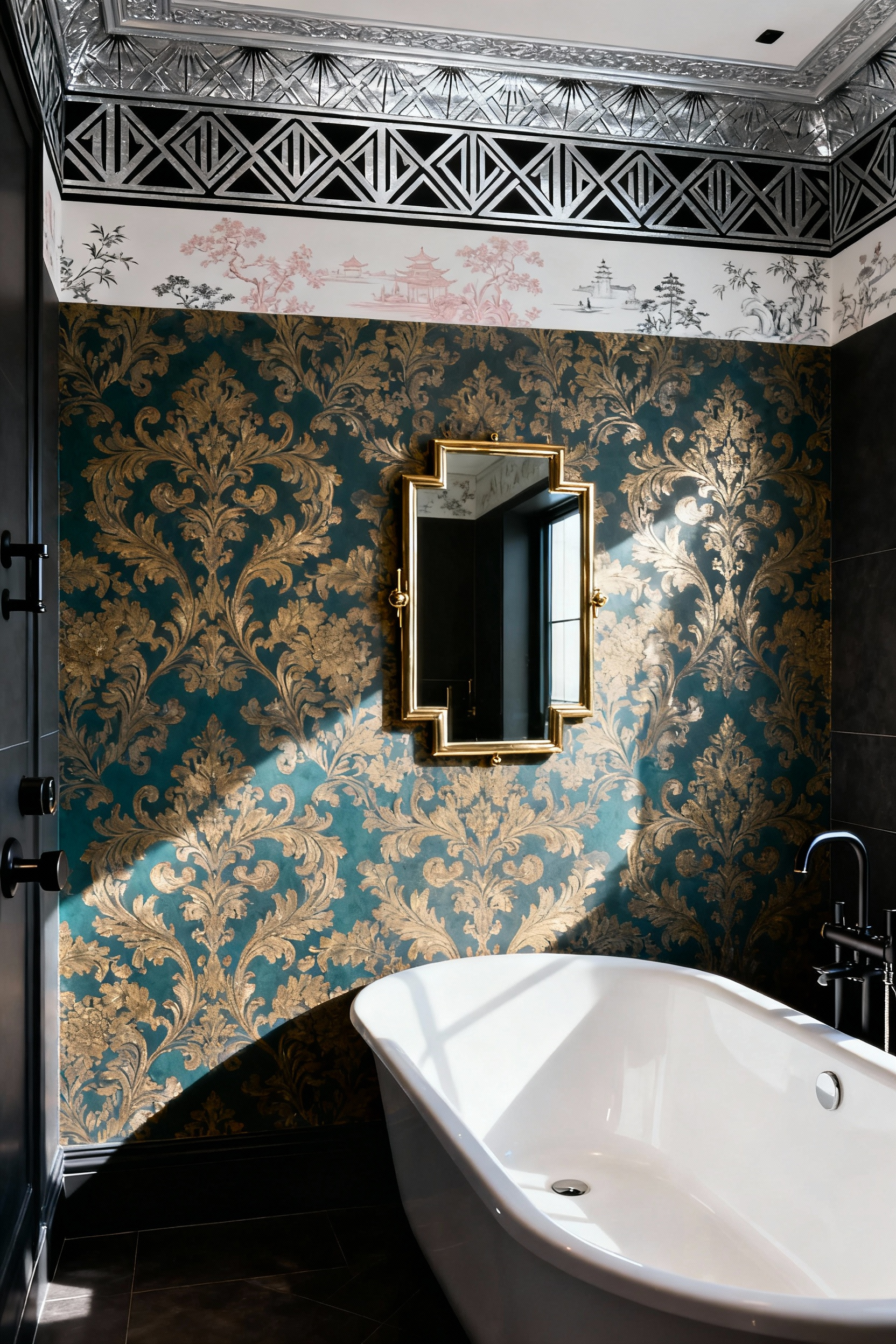 Maximalist bathroom accent wall featuring an intricate layering of Rococo flourishes, Art Deco geometrics, and subtle Chinoiserie motifs, creating a neo-vintage wallpaper fusion.