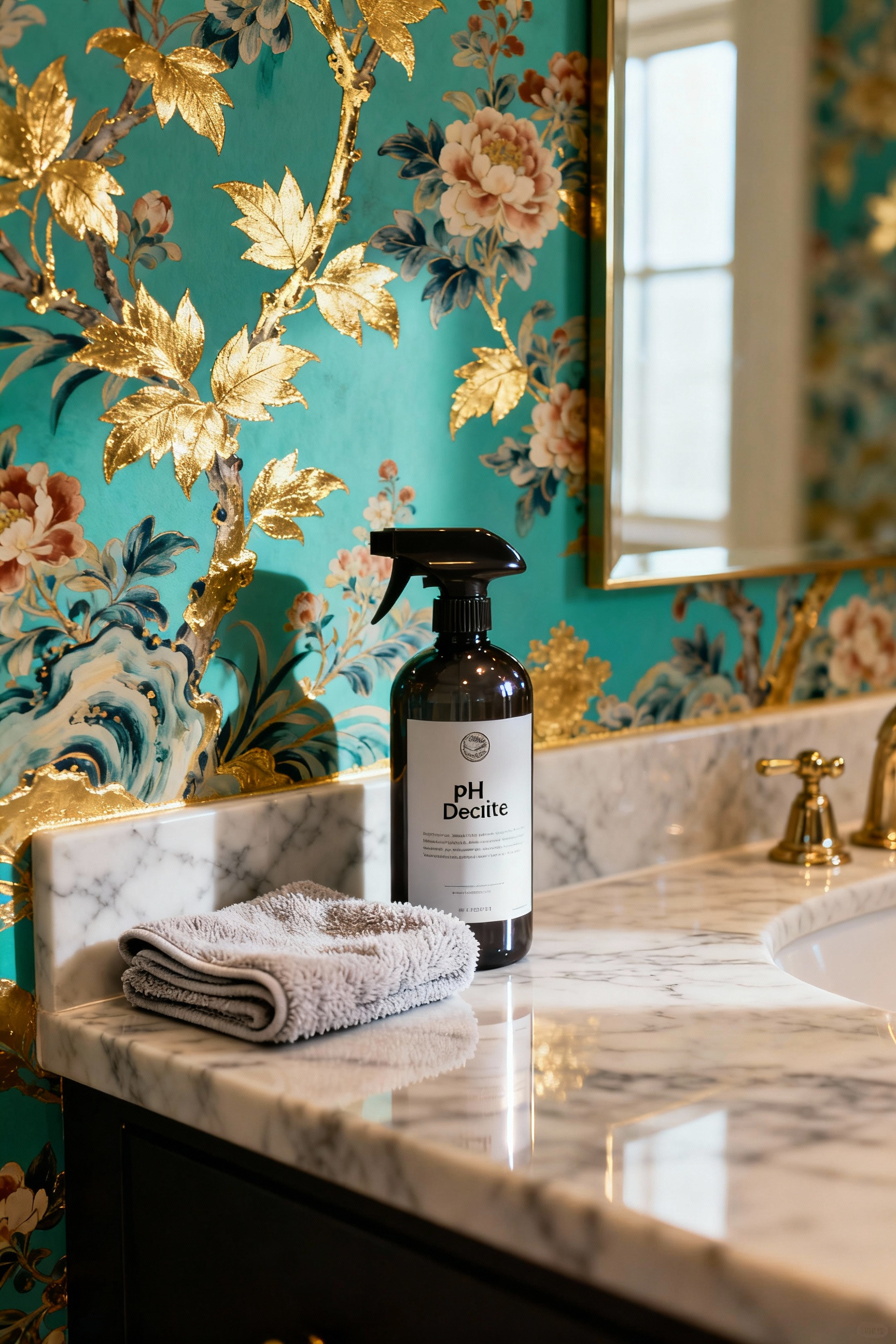 Maximalist bathroom wallpaper accent wall being meticulously cleaned with a soft microfiber cloth and pH-neutral solution, illustrating luxurious and effective care regimen for preserving high-end wallcoverings. Elegant interior, no people.