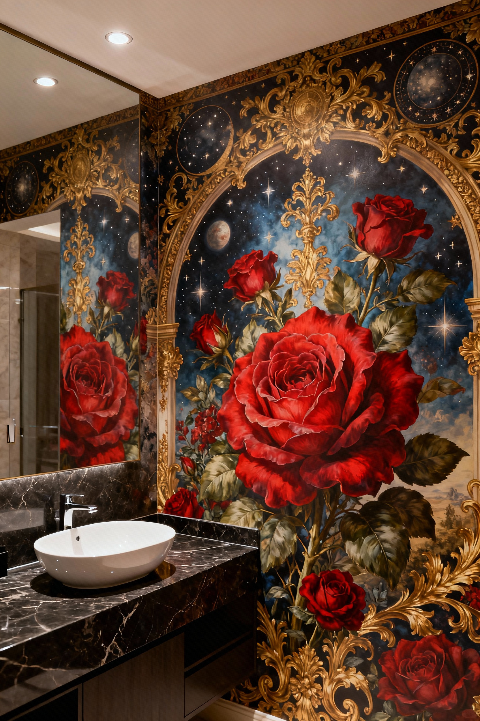 Luxurious bathroom accent wall with custom digital print wallpaper featuring a Baroque-inspired trompe l'oeil, bespoke design.