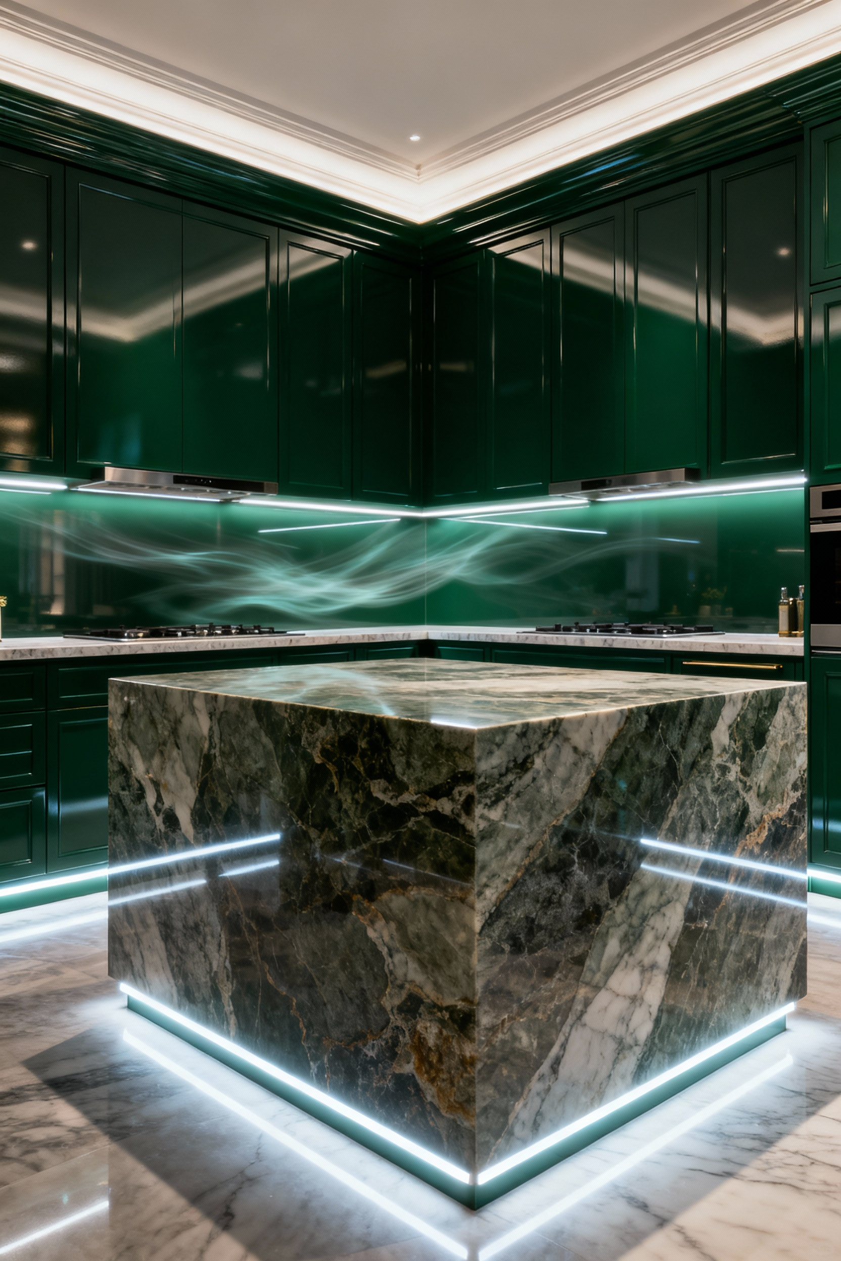 Maximalist kitchen with integrated linear LED lighting enhancing cabinetry, island, and toe-kicks, creating an ethereal glow and highlighting architectural details.