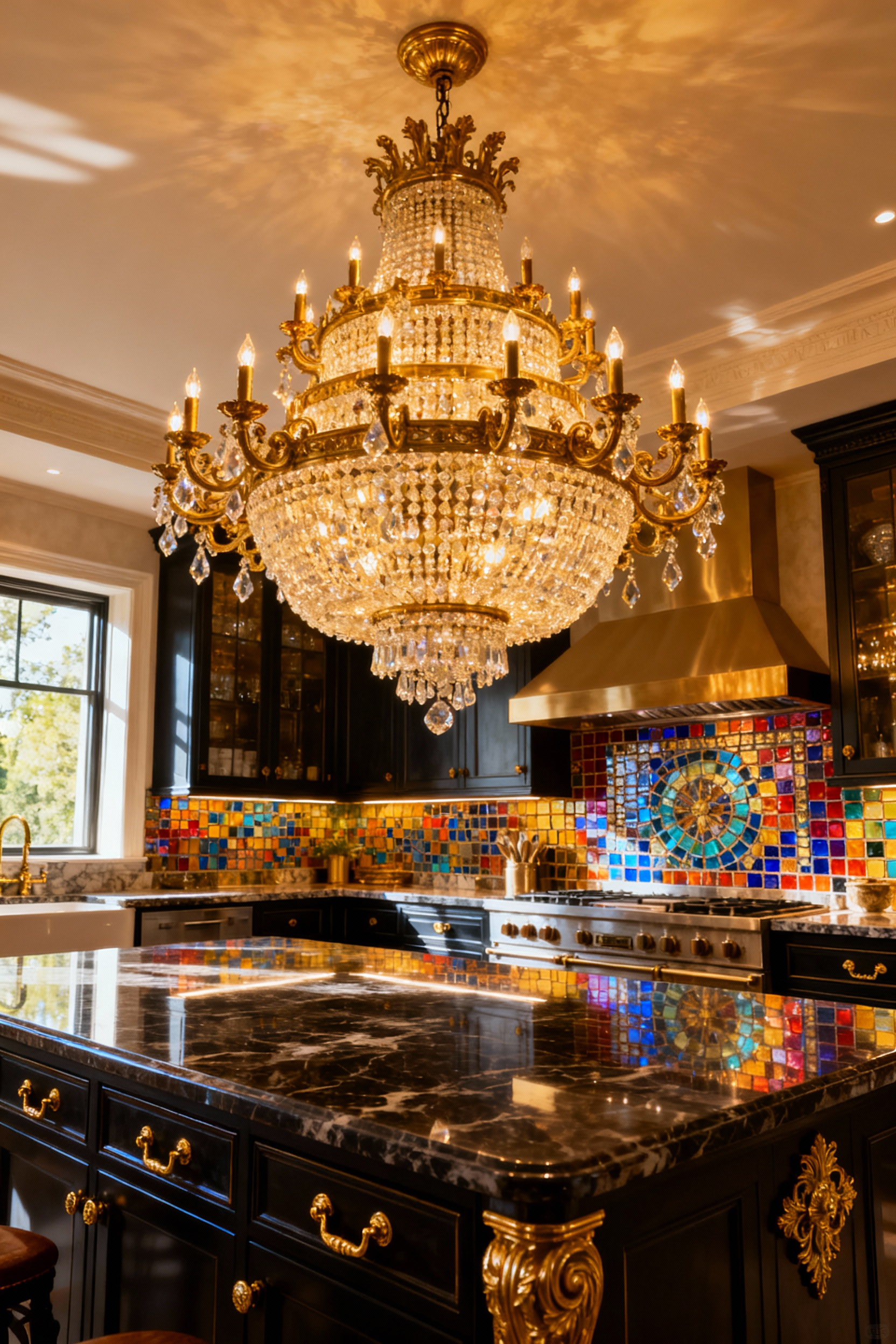 Opulent multi-tiered crystal and brass chandelier as the central lighting in a luxurious maximalist kitchen with dark marble island.