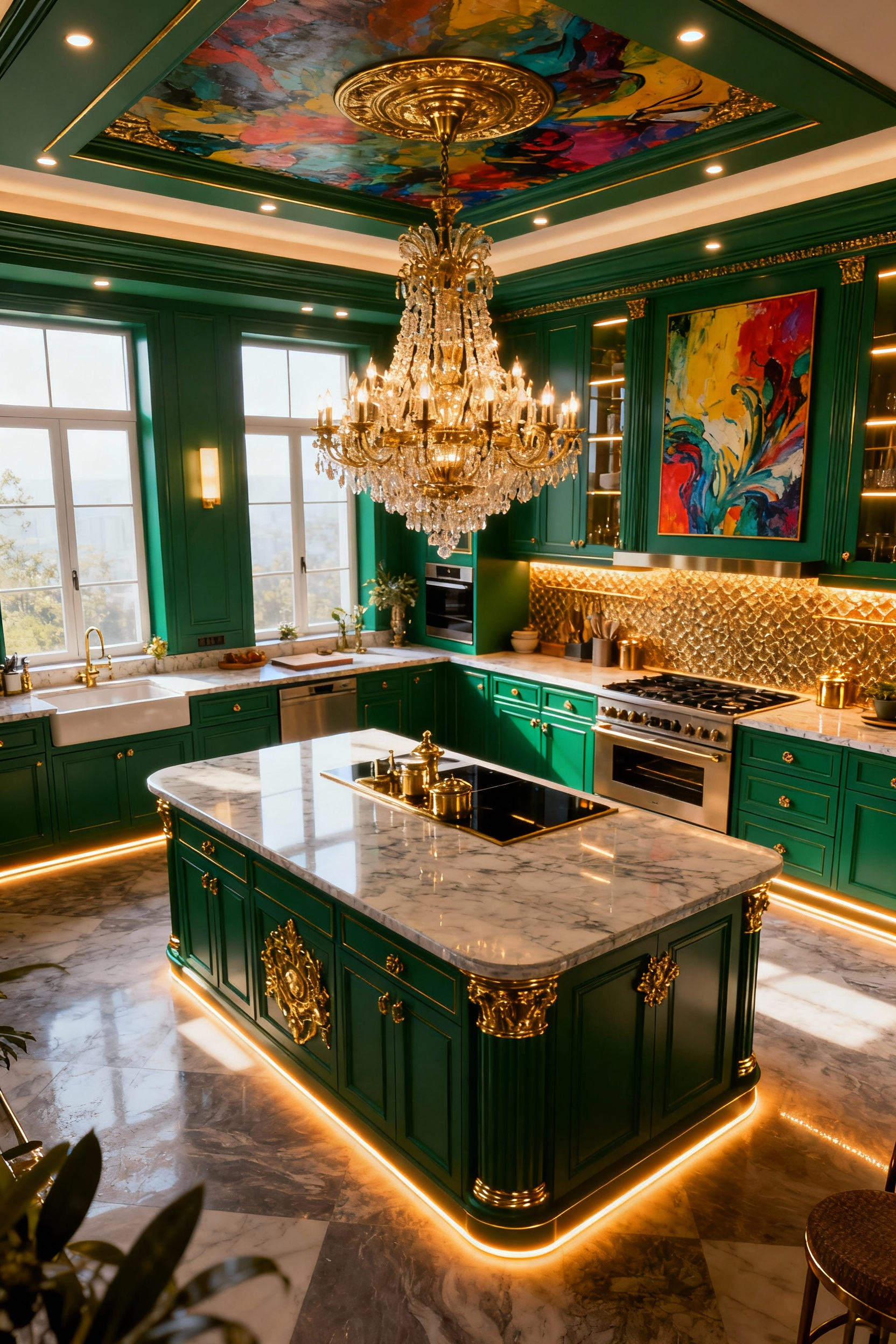 Maximalist kitchen interior with sophisticated dynamic dimming, featuring a grand chandelier and glowing cabinet lighting creating a luxurious ambiance.