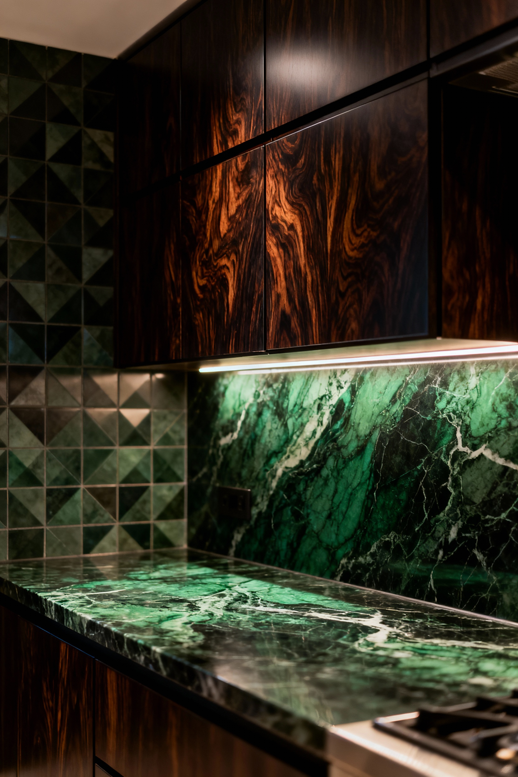 Luxurious maximalist kitchen featuring hidden undercabinet LED lighting illuminating a polished marble countertop and textured backsplash.