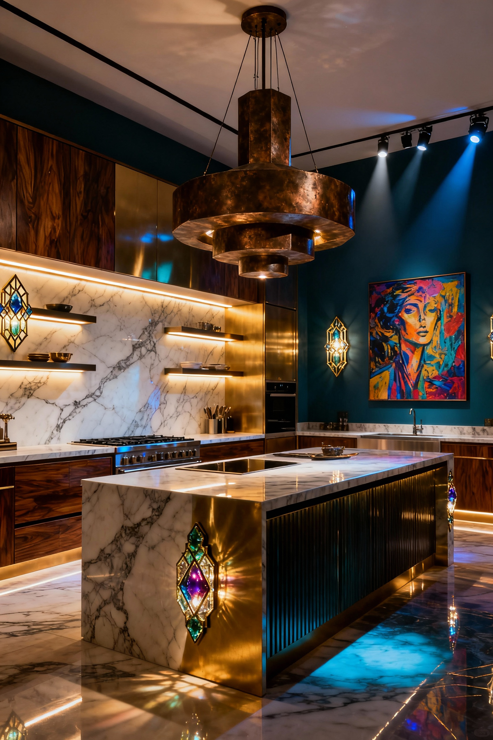 Luxurious maximalist kitchen featuring diverse layered lighting: grand chandelier, art deco sconces, under-shelf LED strips, and spotlights highlighting texture and art for ultimate depth and dimensionality.