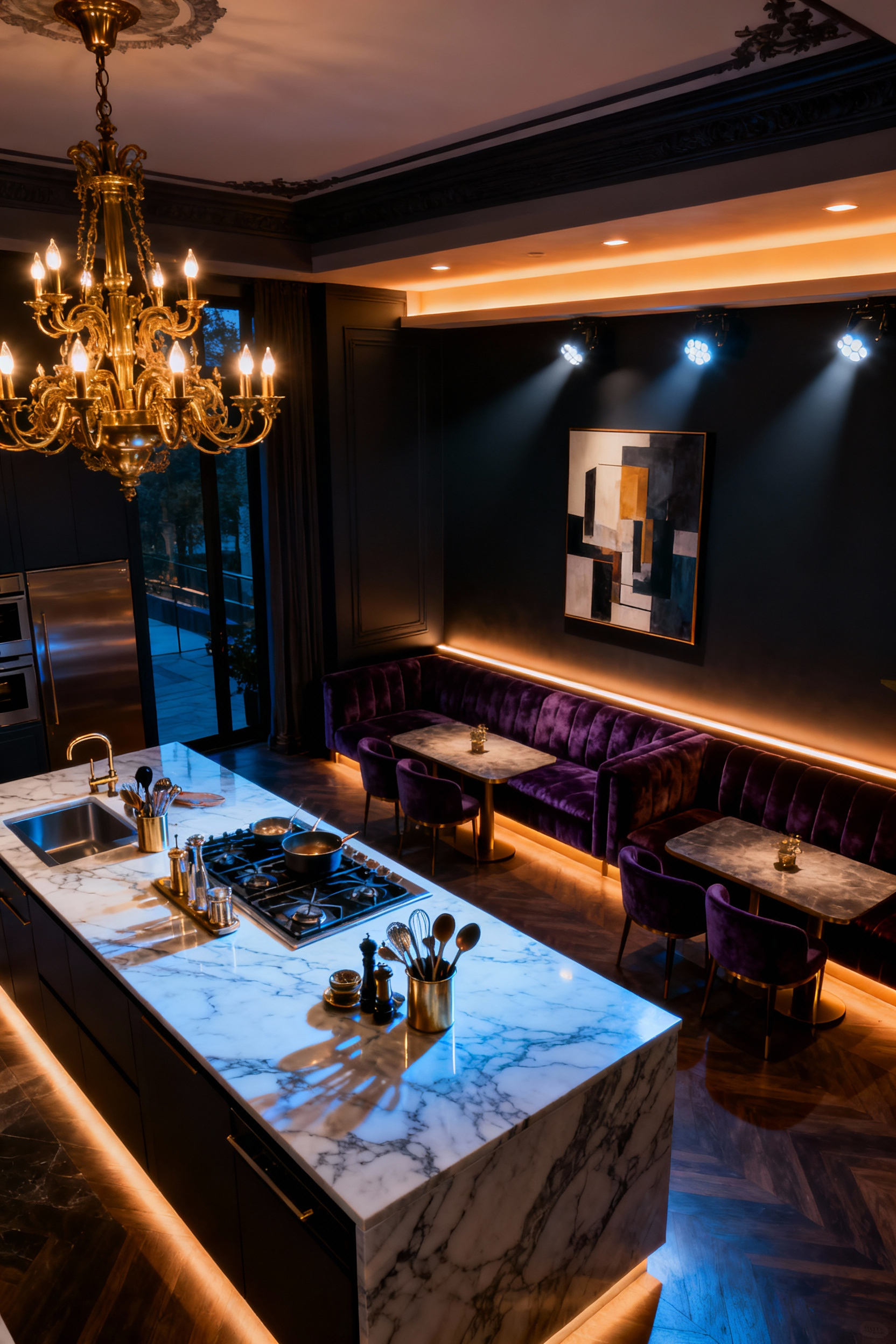 Maximalist kitchen with diverse color temperatures, warm ambient light, cool task lighting, accent spotlights, luxurious materials like marble and velvet, elegant kitchen lighting design.