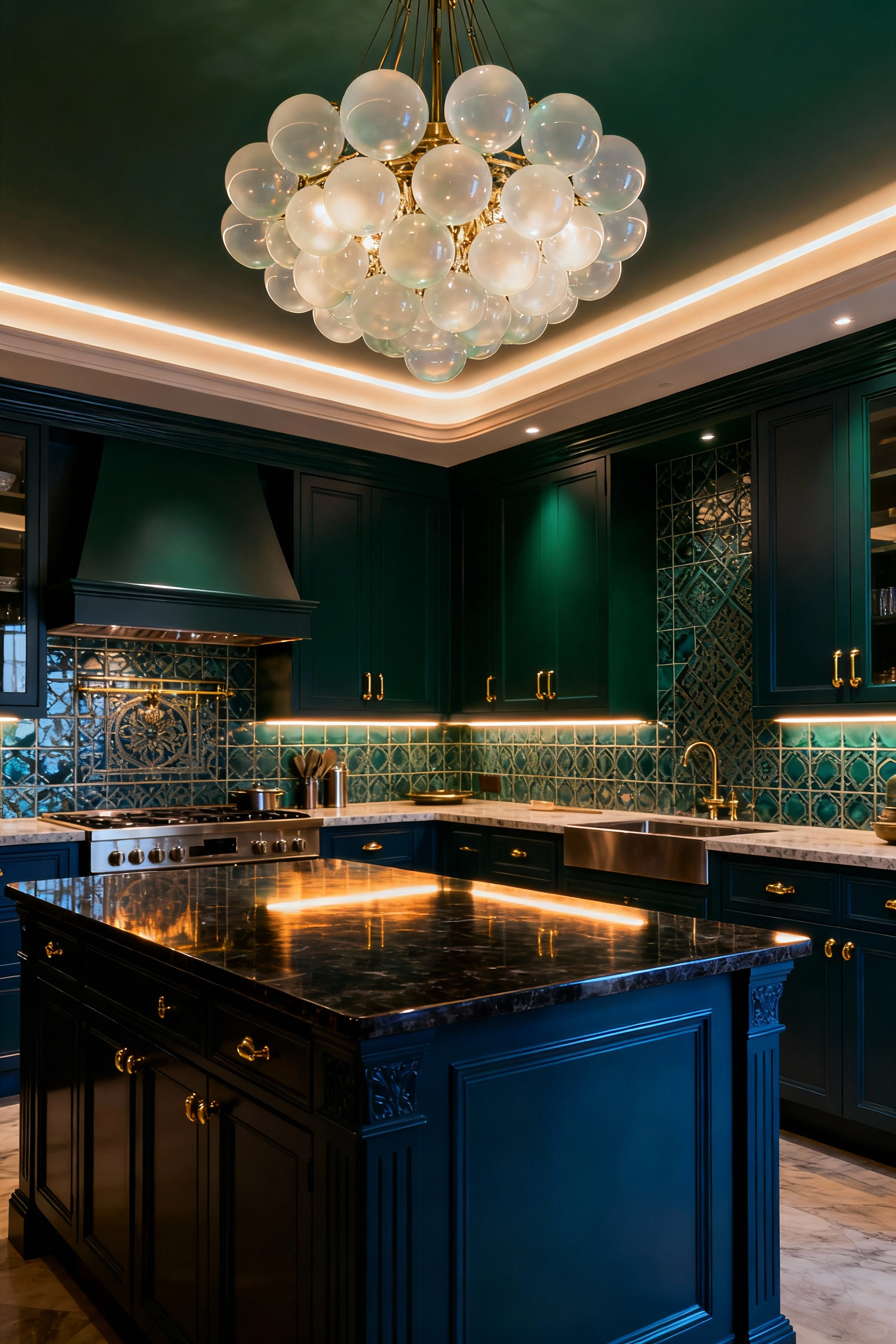 Luxurious maximalist kitchen with diffused lighting, featuring an opal glass chandelier, warm cove lighting, and sophisticated cabinetry. Focus on elegant and intimate atmosphere.