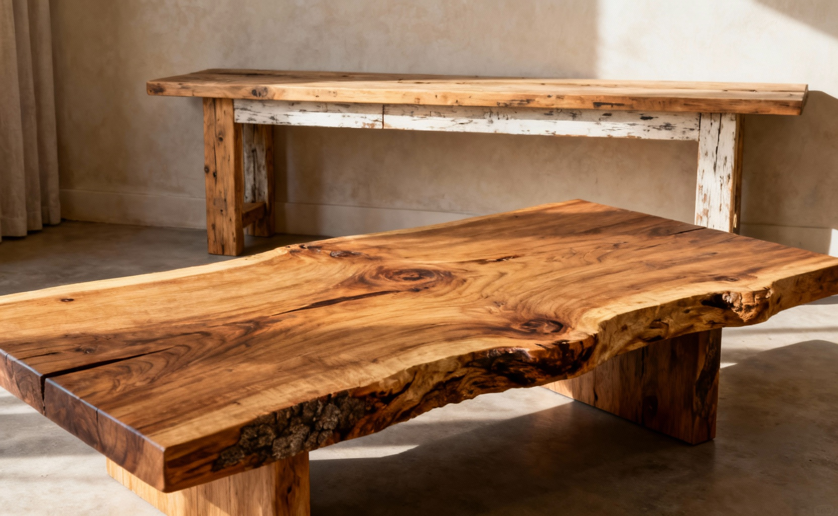 Rustic living room featuring a prominent reclaimed oak coffee table and salvaged pine console table, all showcasing natural wood finishes, for grounding warmth and character.
