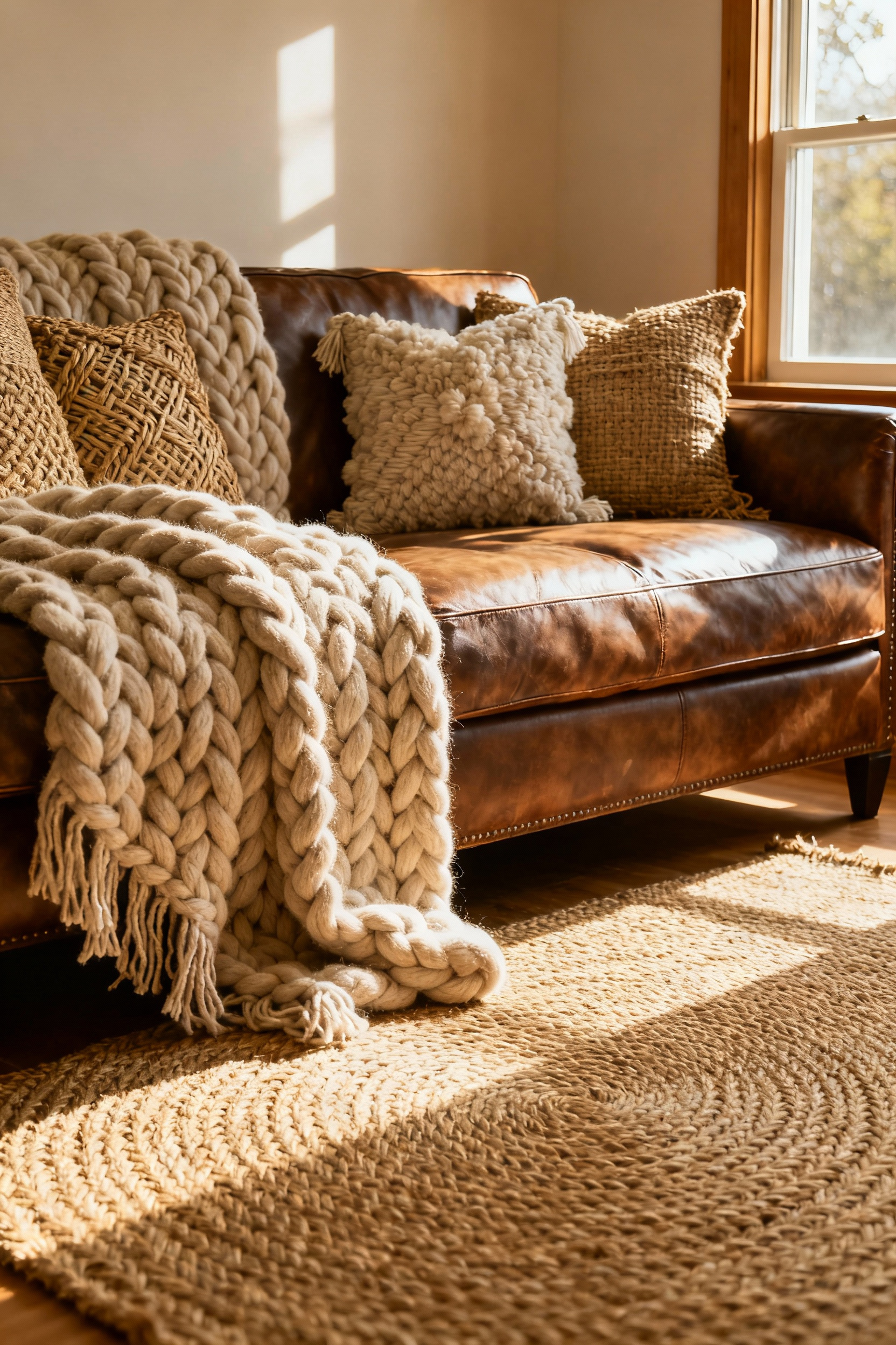Rustic living room with a large textured jute rug, wool throws, and woven jute and wool pillows on a leather sofa, showcasing tactile richness and natural textures.