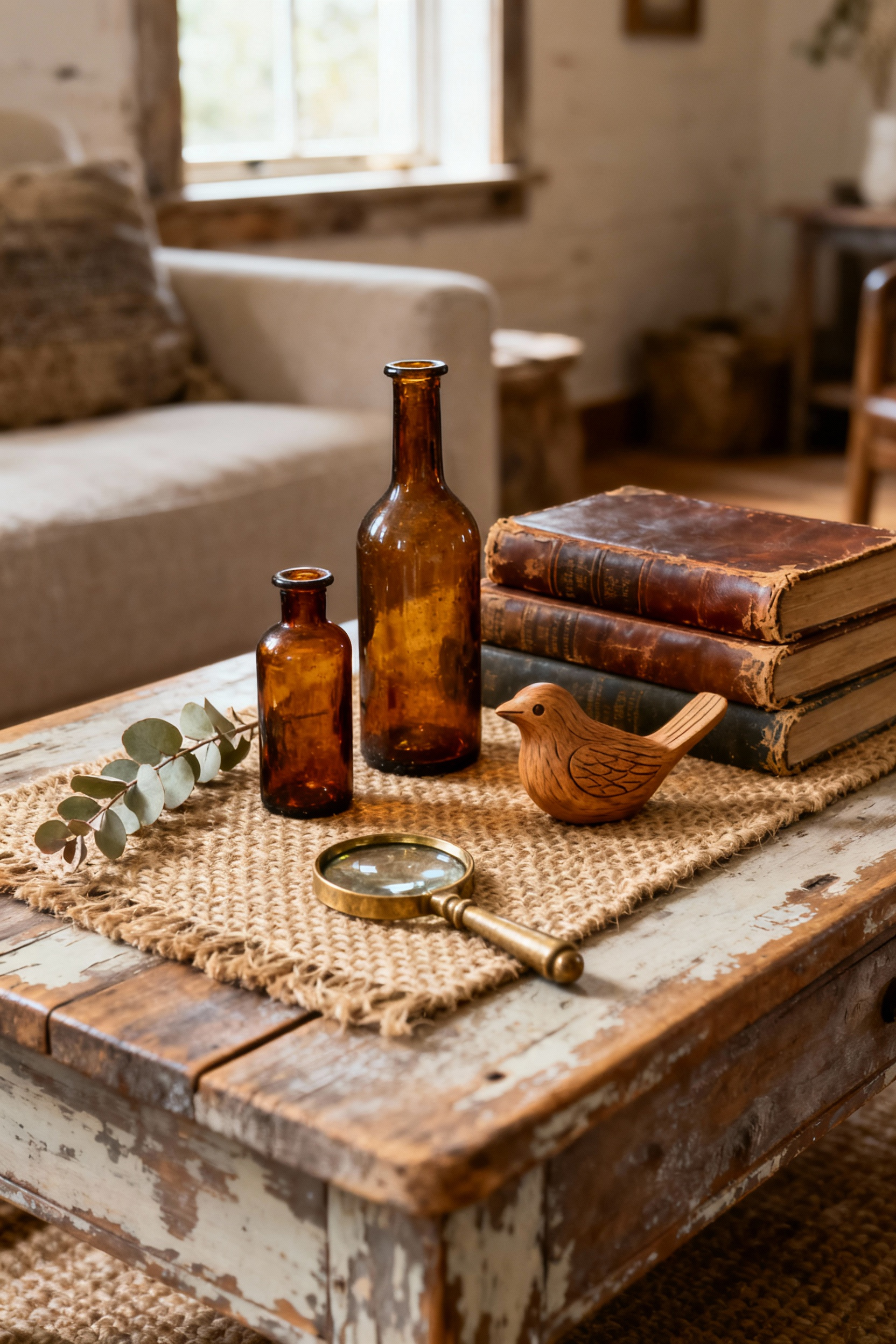 Rustic living room vignette on a wooden coffee table with antique amber glass bottles, leather books, a wooden bird, eucalyptus, and a jute placemat, creating an engaging visual display.