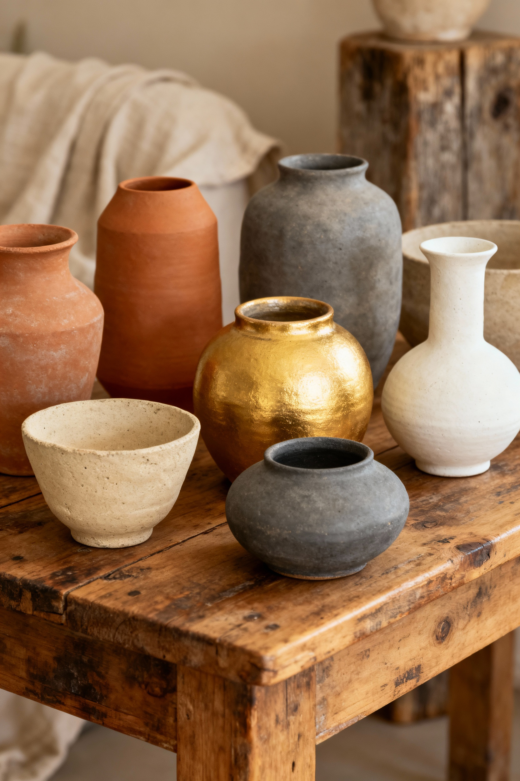 Collection of rustic organic-shaped ceramics and pottery in earthy tones on a wooden console table, highlighting natural imperfections and varied textures in a living room.