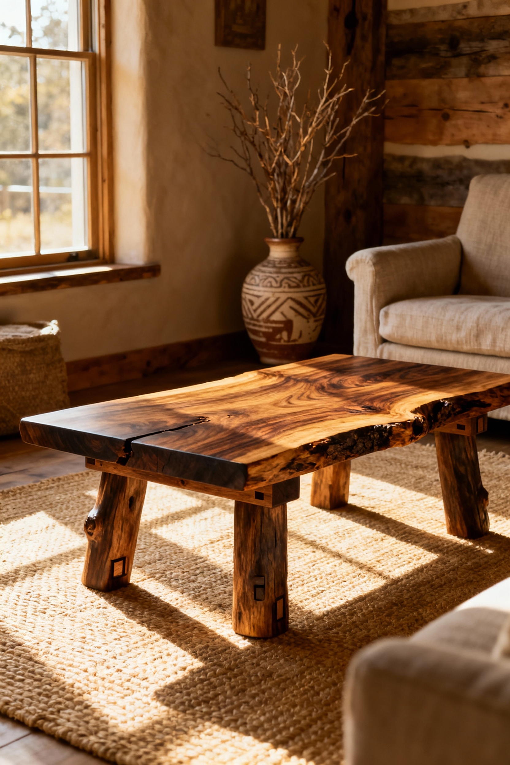 Handcrafted live-edge reclaimed wood coffee table with subtle hand-forged metal details, sitting in a rustic living room with soft natural light, showcasing artisan quality and unique design.