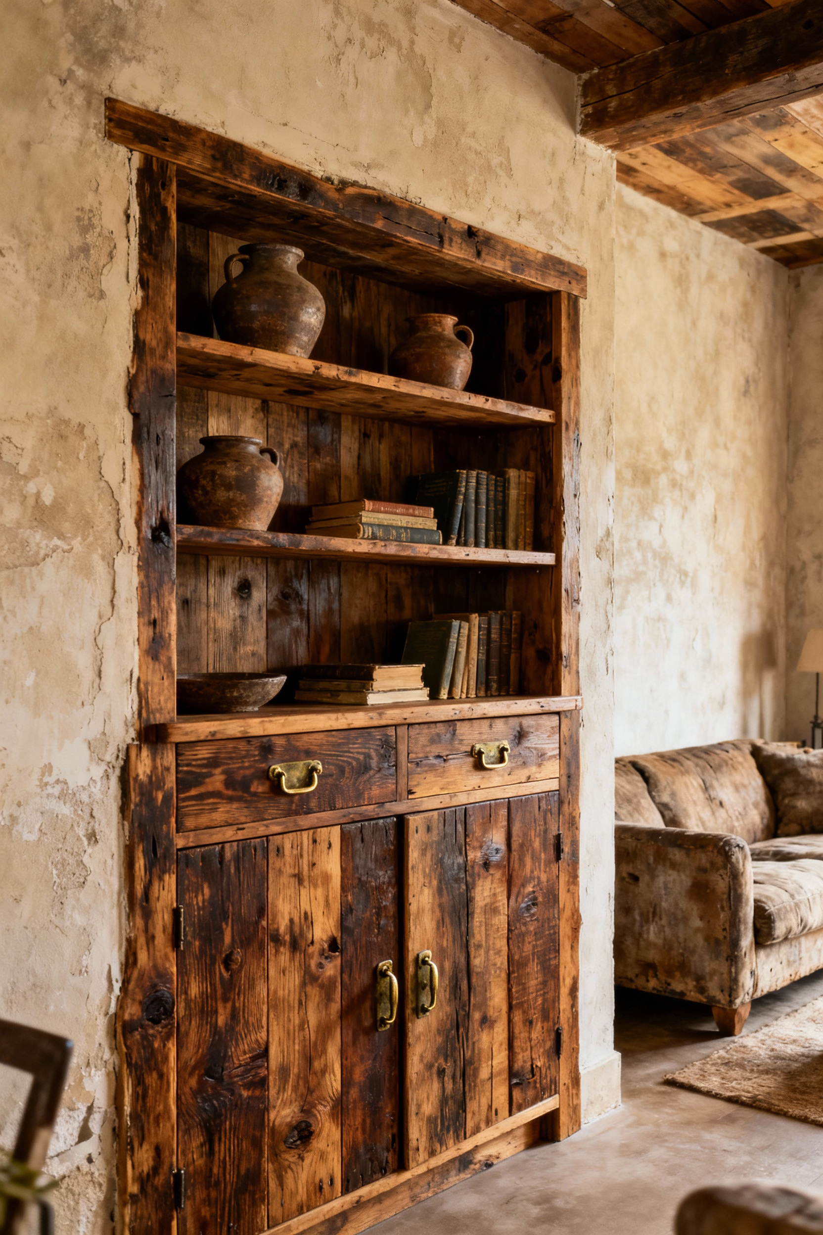 Custom built-in shelving unit crafted from reclaimed barnwood in a rustic living room, showing seamless integration and aged character.