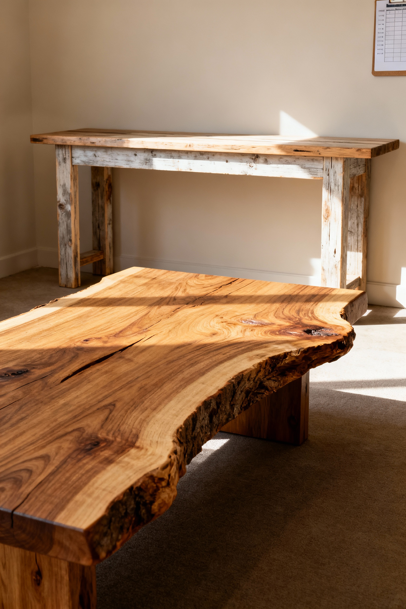 Rustic living room featuring a prominent reclaimed oak coffee table and salvaged pine console table, all showcasing natural wood finishes, for grounding warmth and character.