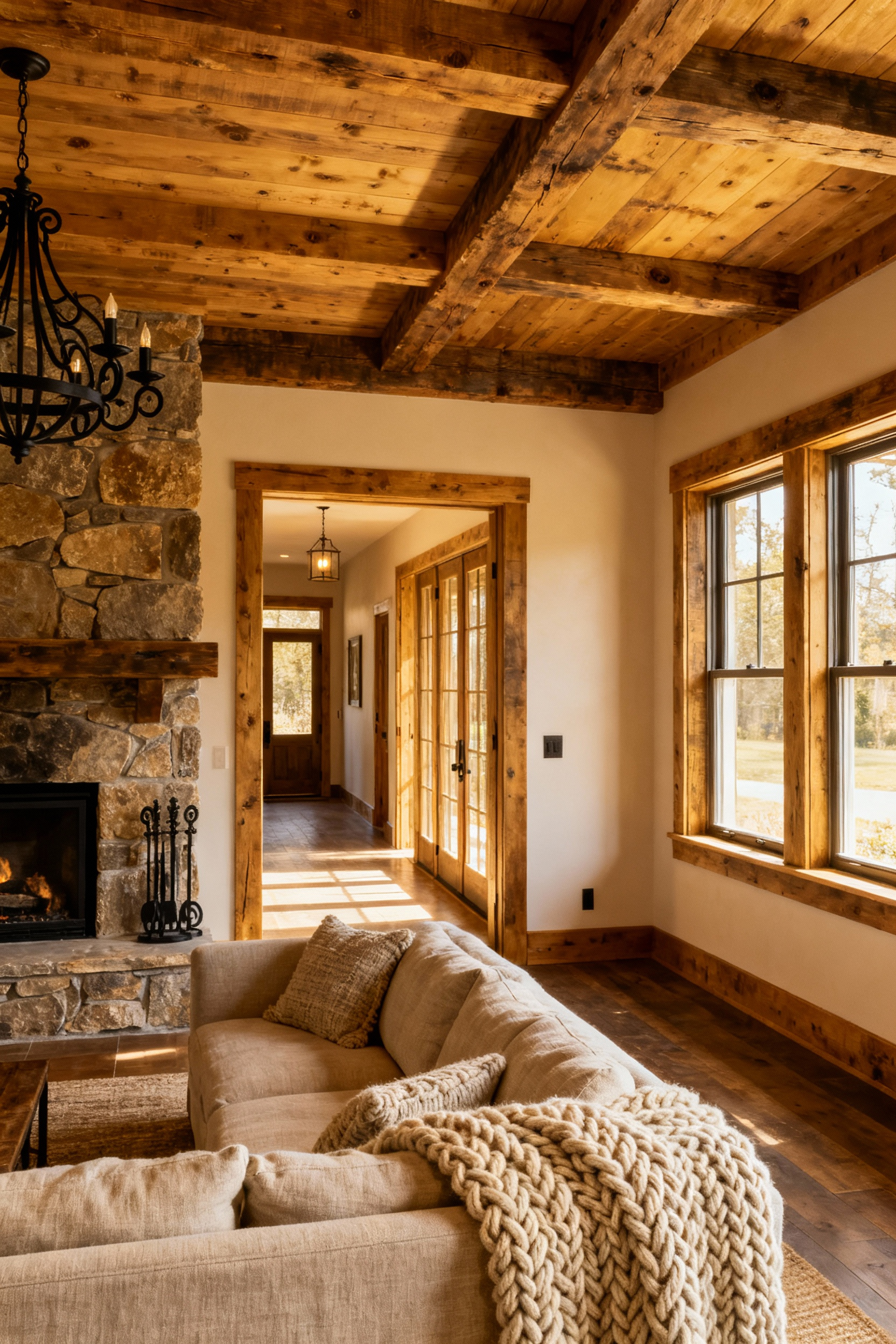 Cohesive rustic living room and entryway showcasing reclaimed wood, natural stone fireplace, and linen textiles for a unified material philosophy and authentic home design.