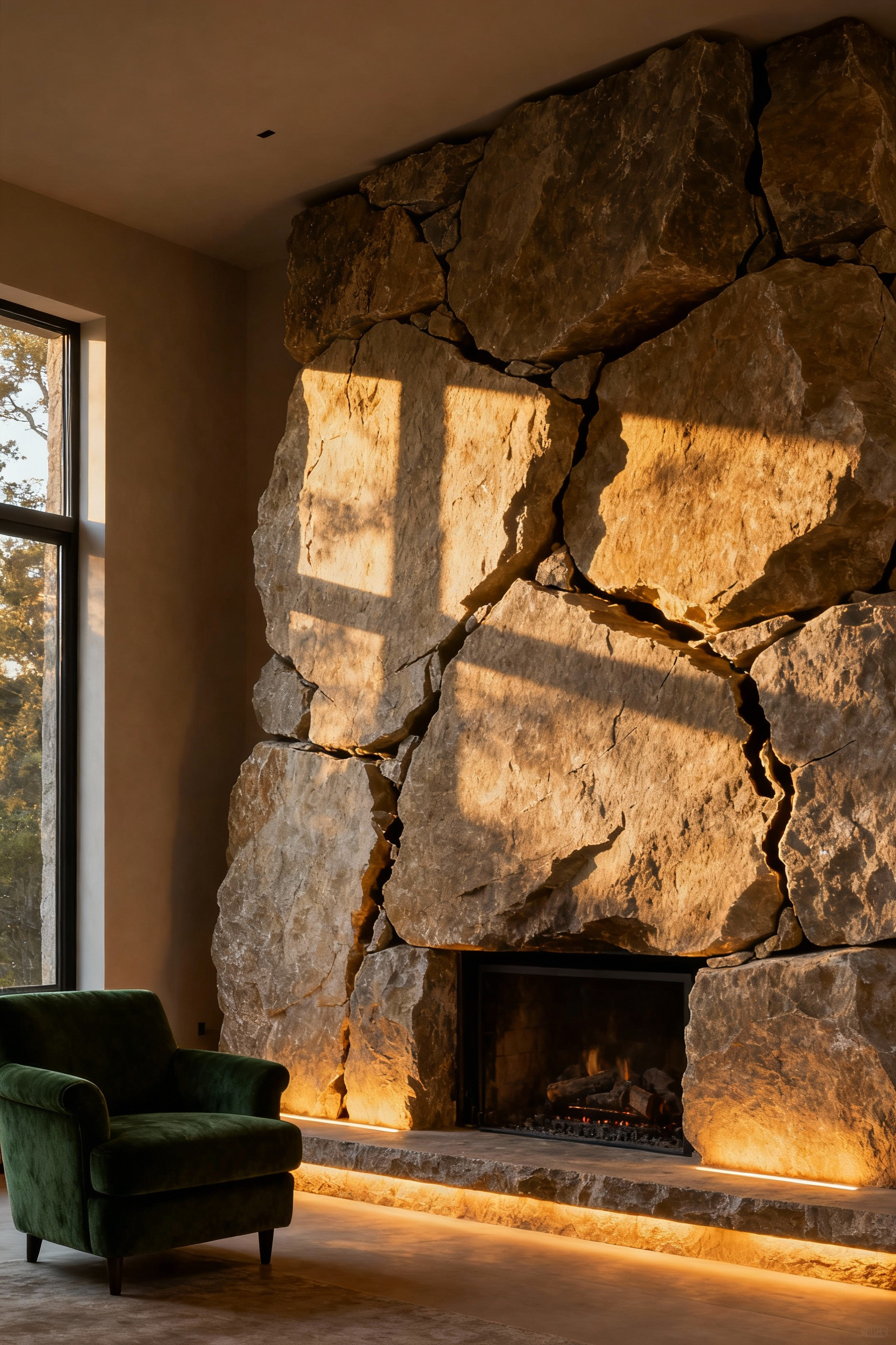 A rustic living room featuring a tall, raw fieldstone fireplace with warm uplighting. A deep green armchair sits nearby, emphasizing natural textures and a majestic, earthy ambiance.