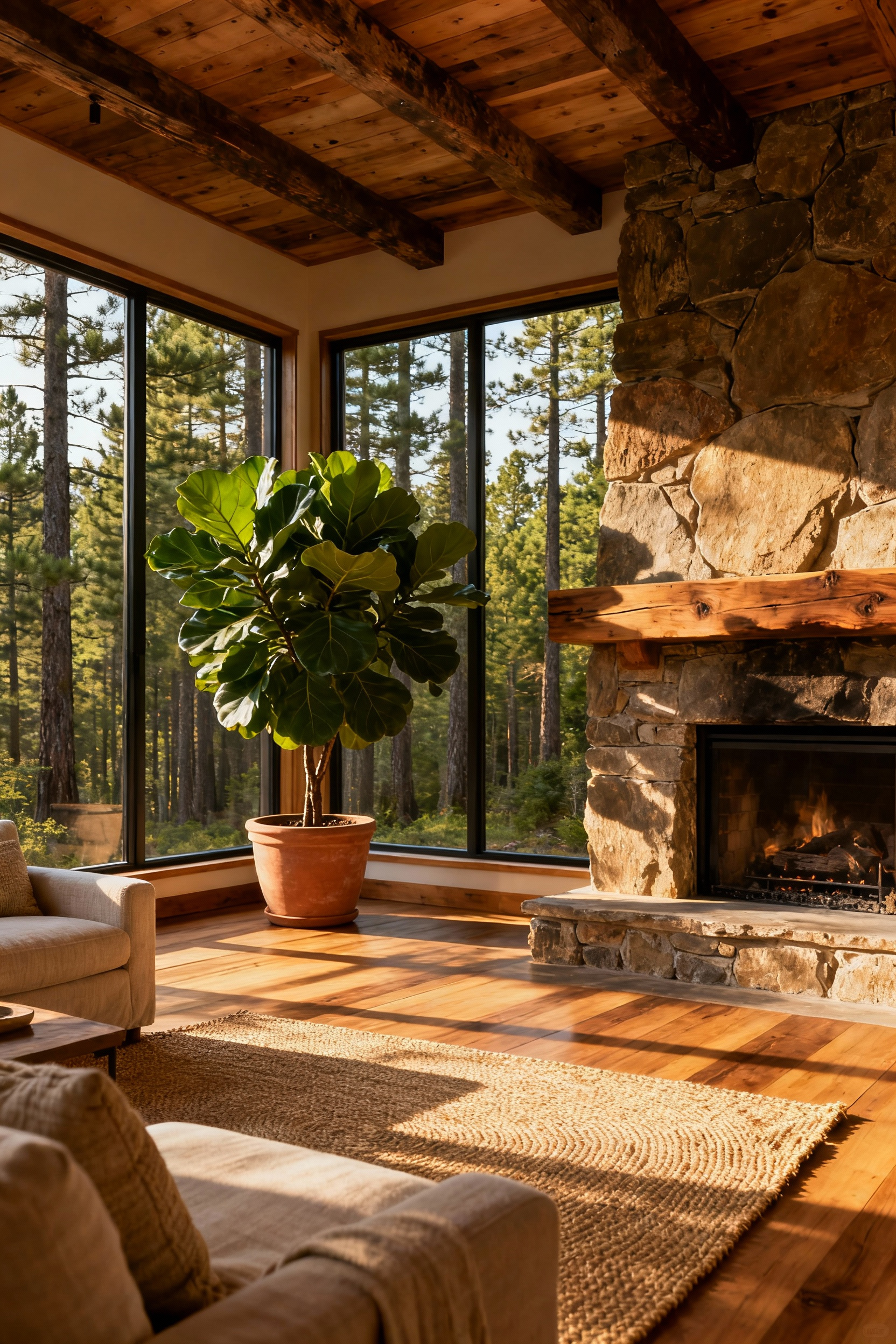 A rustic living room featuring large windows with a forest view, a Fiddle Leaf Fig plant, reclaimed wood beams, and a natural stone fireplace, showcasing biophilic design.