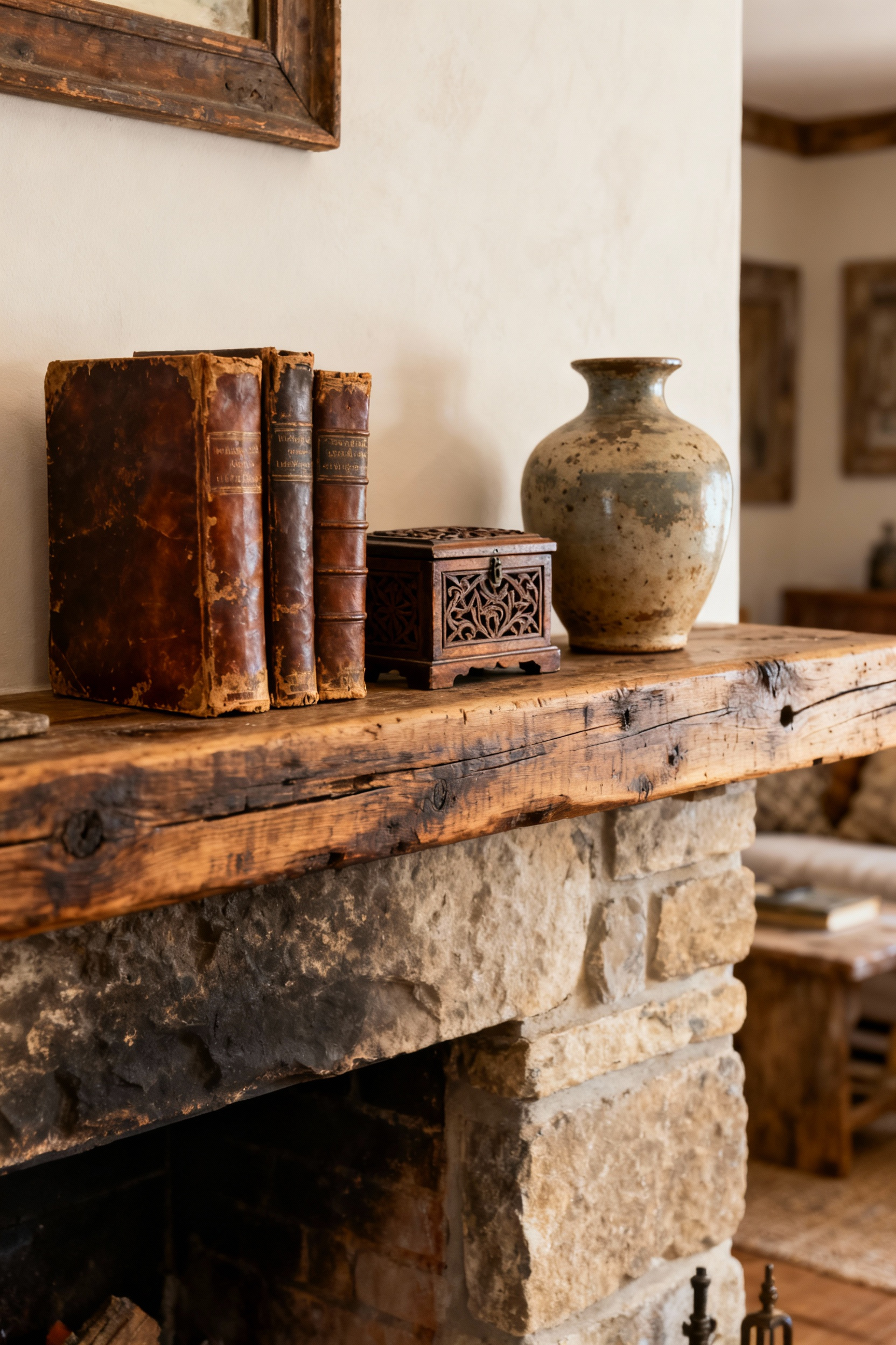 A beautifully curated collection of ancestral objects, including vintage books and a hand-carved wooden box, displayed on a rustic wooden mantelpiece in a cozy living room, bathed in natural light, no people.