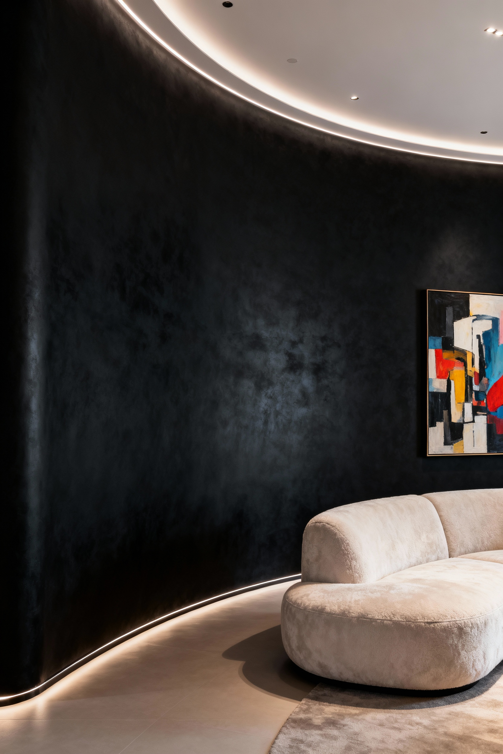 Luxurious living room with a matte black feature wall, light sofa, and abstract art, creating dramatic depth and a sophisticated focal point.