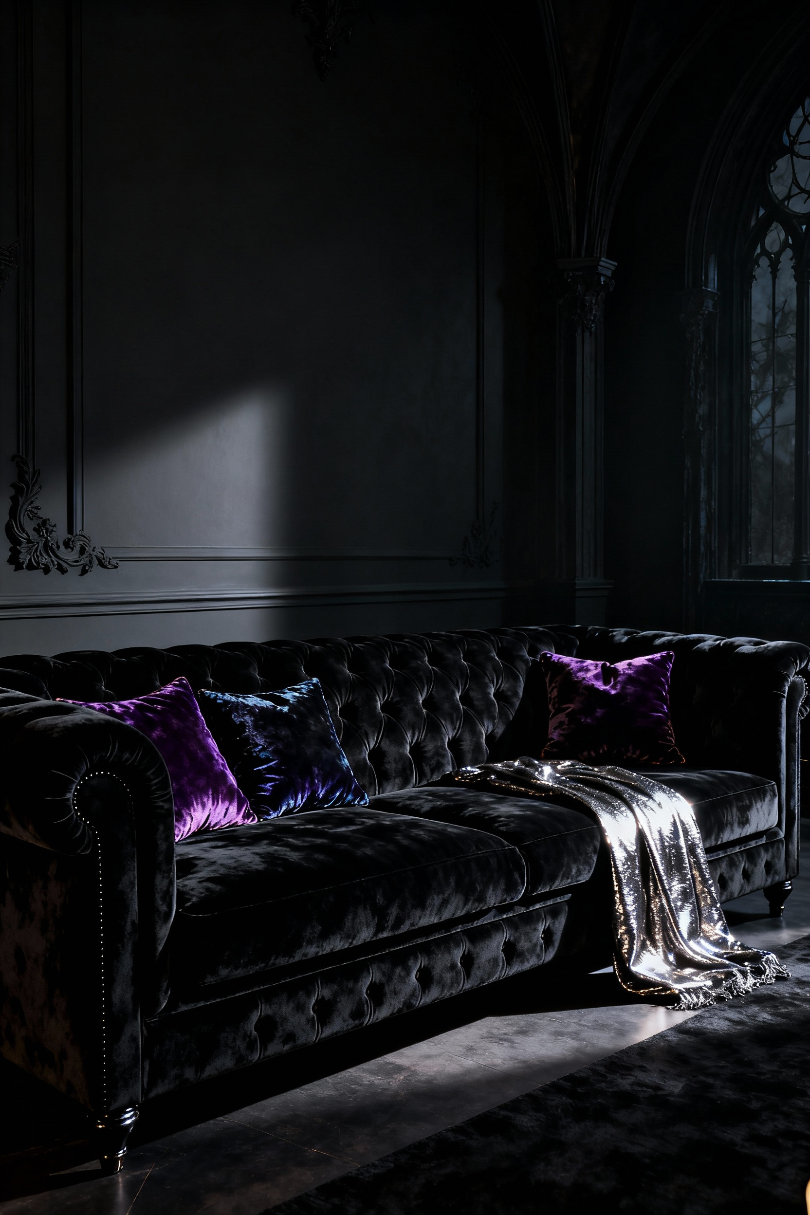 A grand, luxurious black velvet Chesterfield sofa as the focal point in a modern gothic living room, featuring dramatic lighting and subtle decorative elements.