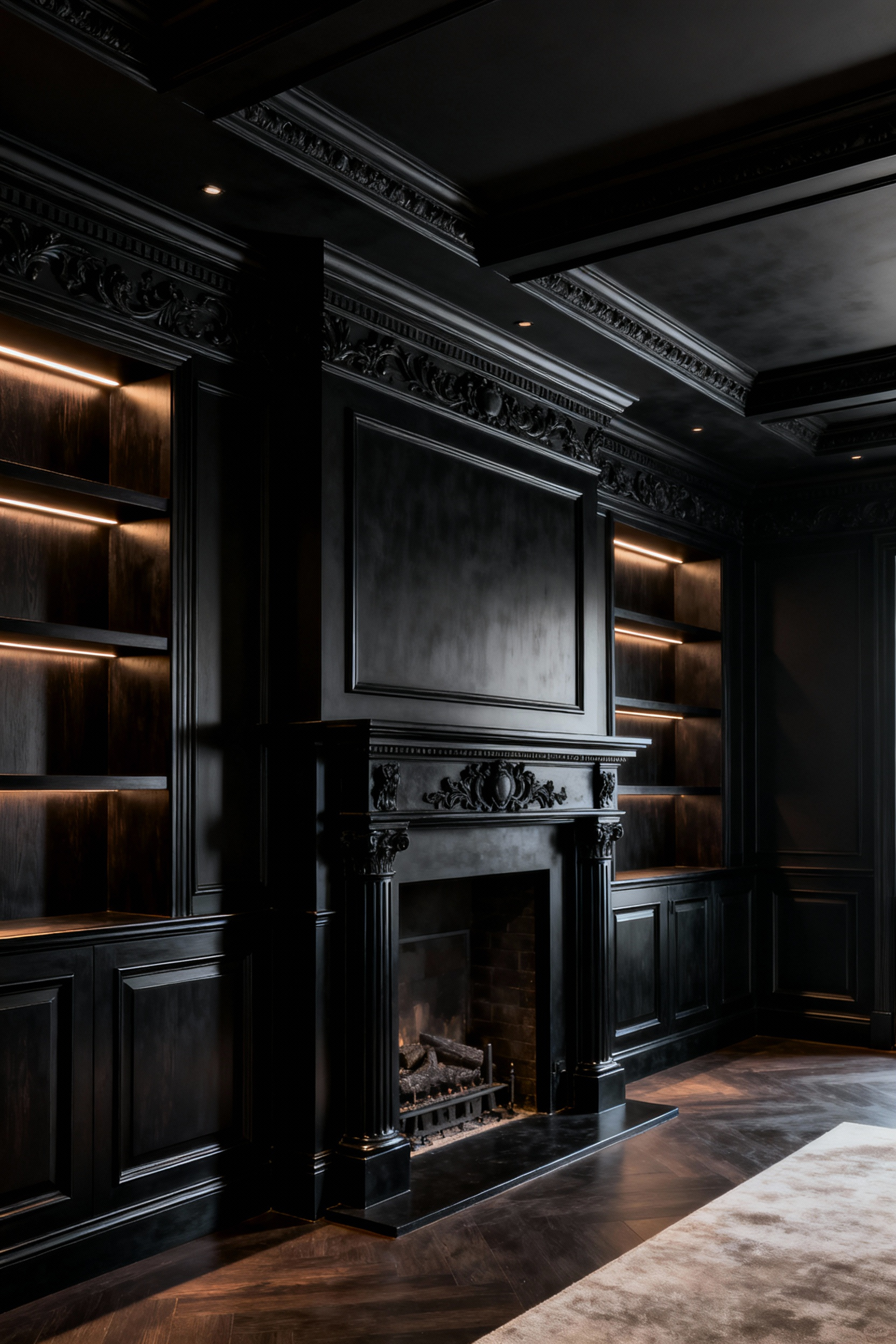 Luxurious black living room featuring ornate crown molding, wainscoting, and a detailed fireplace mantel, all in varied black finishes with dramatic uplighting to emphasize architectural depth.