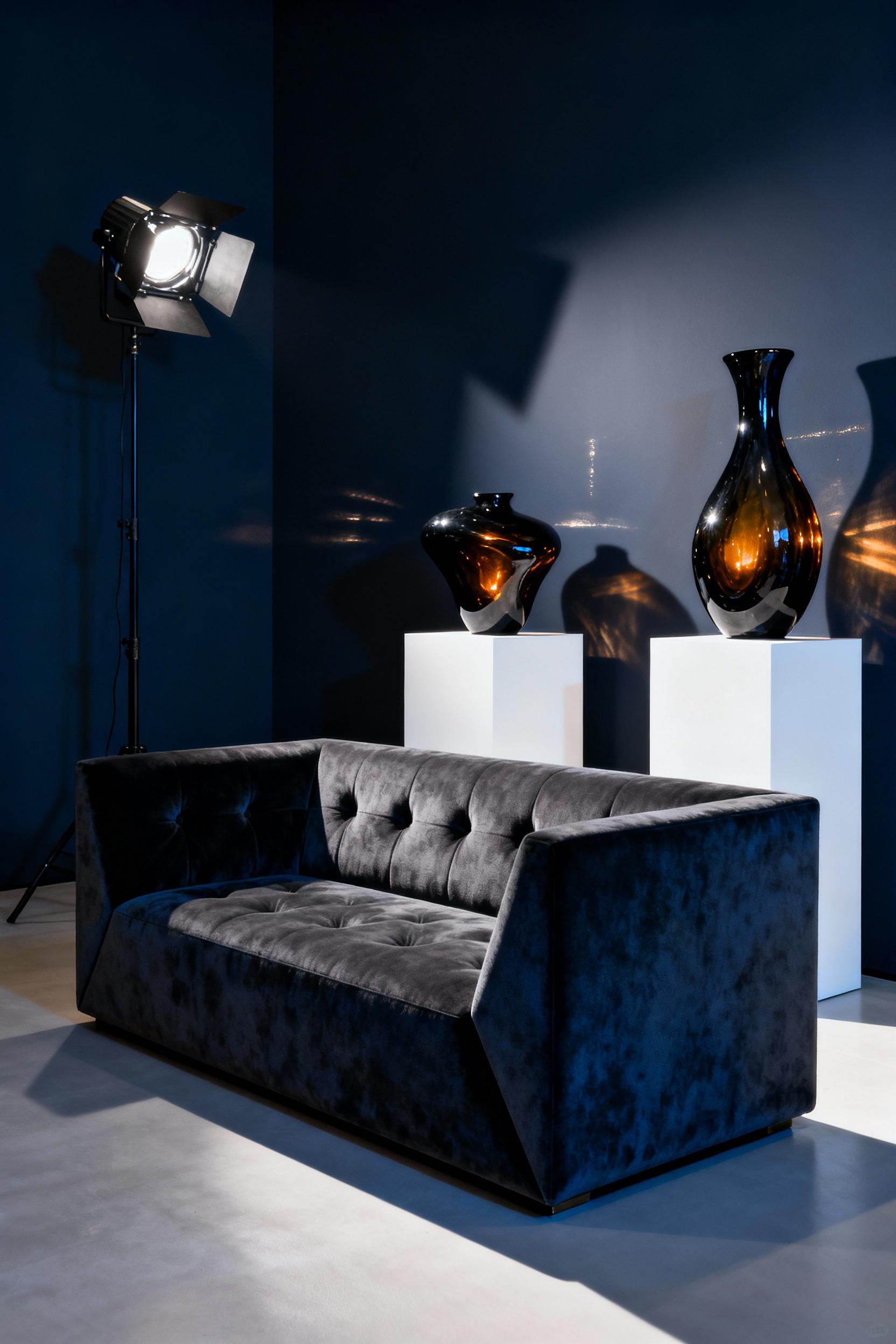 A black living room featuring a charcoal rectilinear sofa contrasted with organically shaped obsidian glass sculptures on a pedestal, creating dramatic sculptural statements through geometric and organic forms.