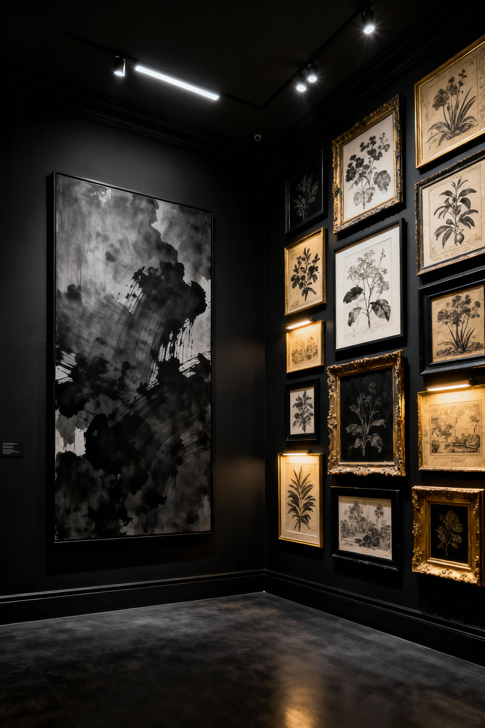 A luxurious black living room acting as a monochromatic art gallery, with various framed artworks highlighted by focused accent lighting on dark walls, showcasing a modern gothic aesthetic.