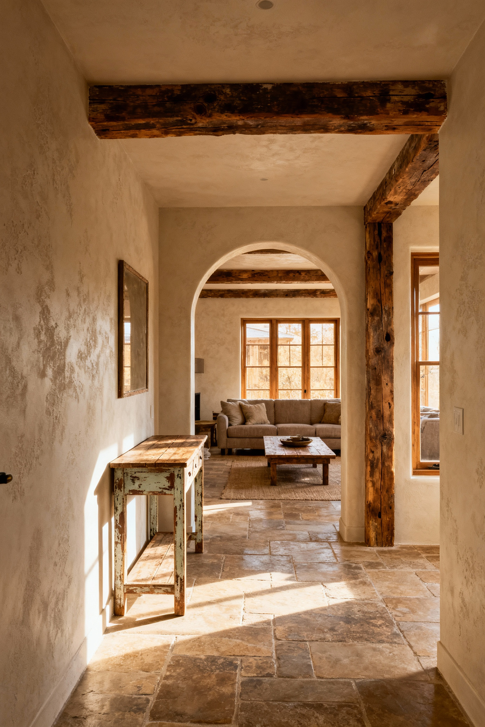 Cohesive rustic interior showing seamless transition between entryway and living room with reclaimed wood beams, natural stone flooring, and artisan furniture.