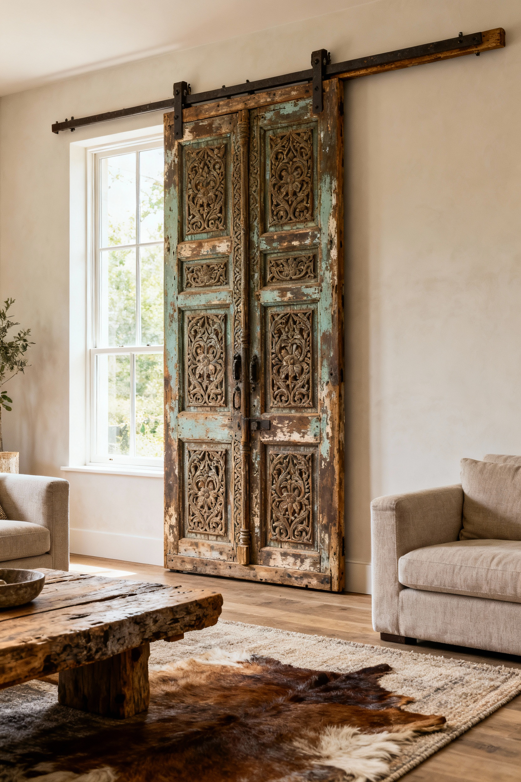A repurposed antique wooden door used as a sliding barn door in a rustic living room, showcasing architectural salvage transformed into a unique statement piece.