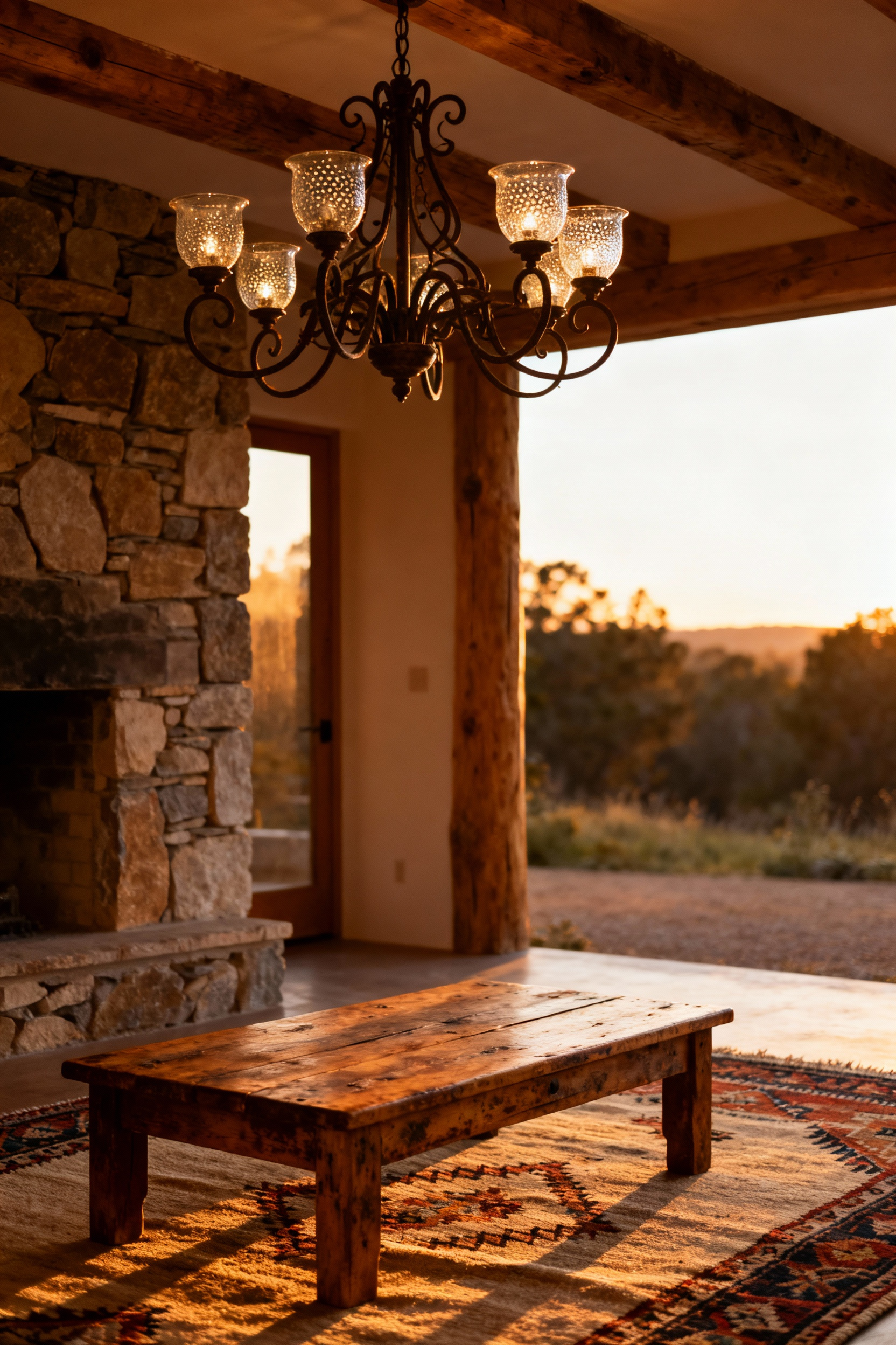 Warm amber glow from an antique wrought-iron chandelier with seeded glass shades in a rustic living room with stone walls and timber beams, providing cozy illumination.