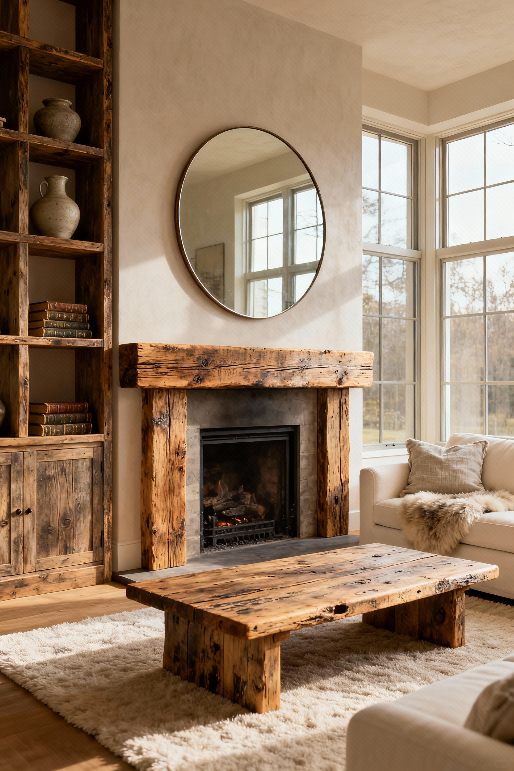 A rustic living room with a prominent fireplace mantel made from reclaimed wood, a reclaimed wood coffee table, and shelving, accented with soft textiles.