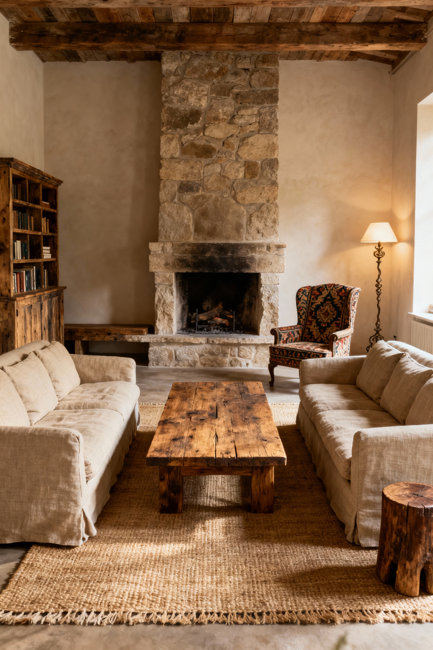 Rustic living room with a large reclaimed wood coffee table, two facing linen sofas, stone fireplace, hand-woven rug, and a low-slung timber bookcase, arranged for intimate conversation.