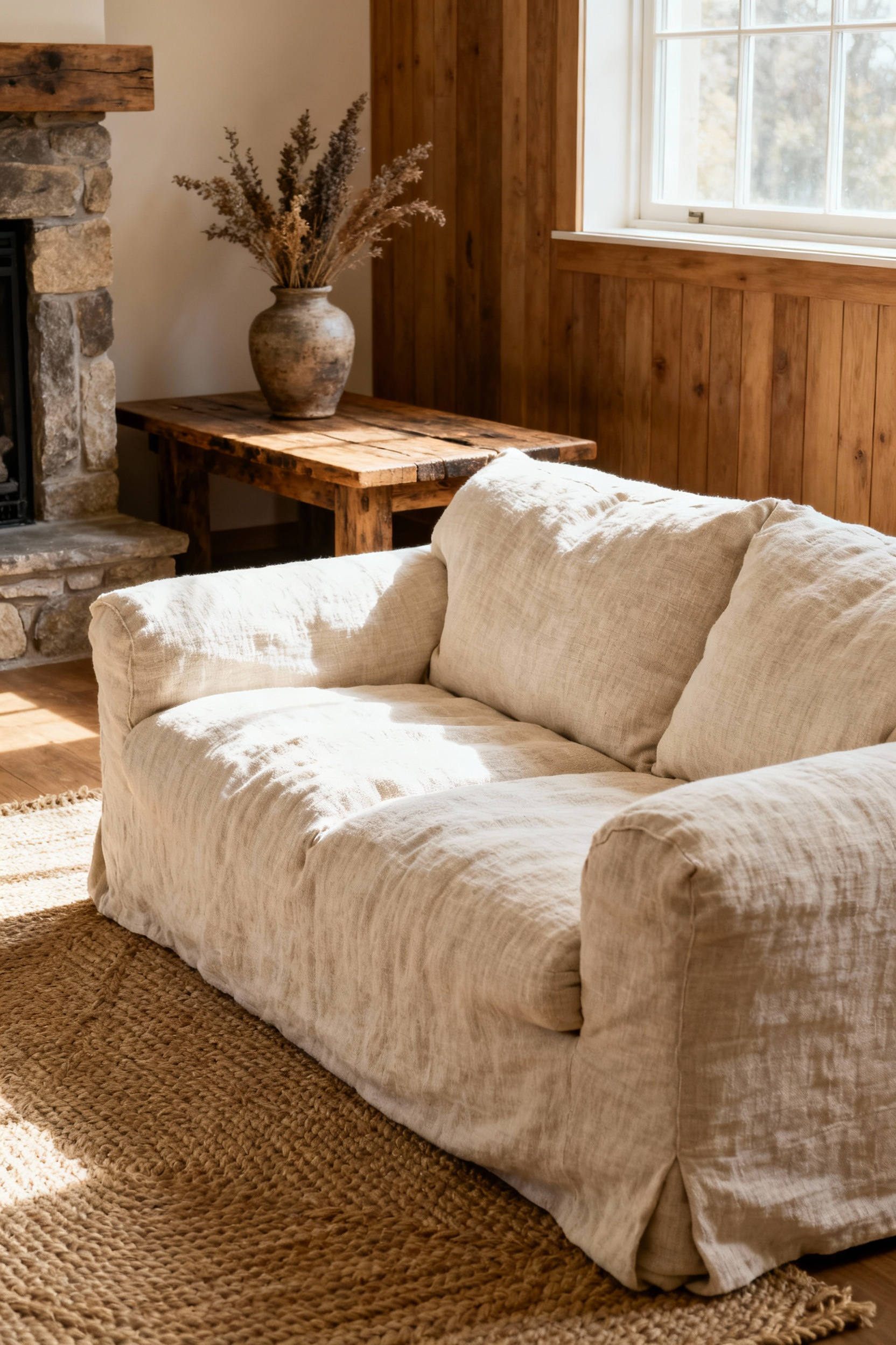 An overstuffed sofa in a rustic living room, upholstered with textured natural linen, creating a comfortable and inviting atmosphere.