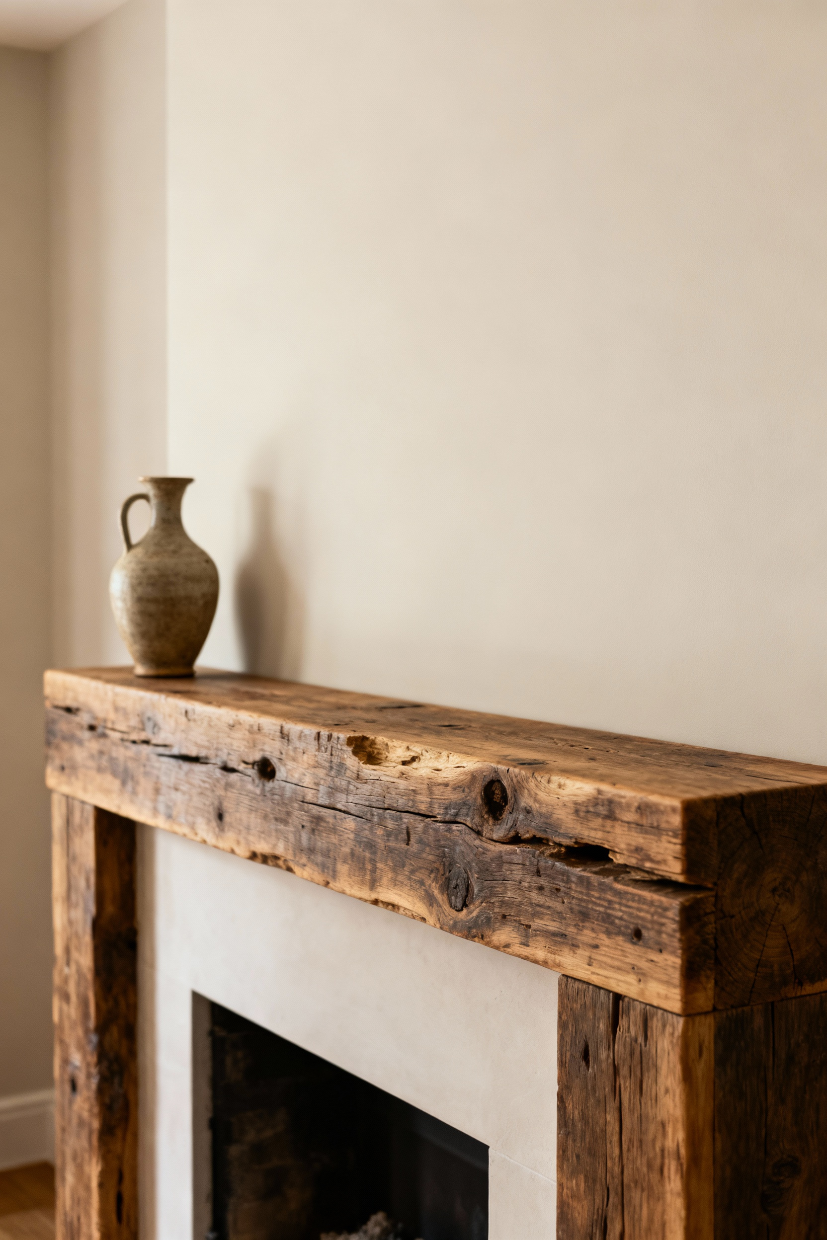 Portrait of a rustic living room with a single ceramic vase on a reclaimed wood mantelpiece, demonstrating intentional negative space and curated decor.