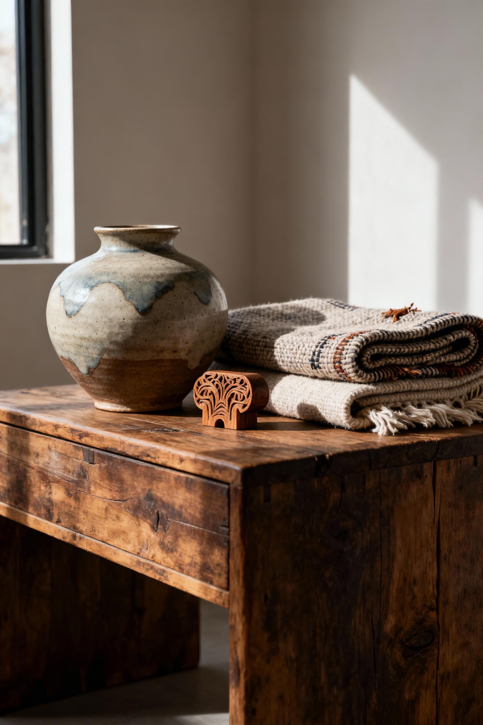 A curated rustic living room vignette featuring a robust stoneware vase, an intricately carved wooden accent, and a hand-woven textile throw, highlighting unique artisan-crafted details on a wooden side table, bathed in soft natural light.