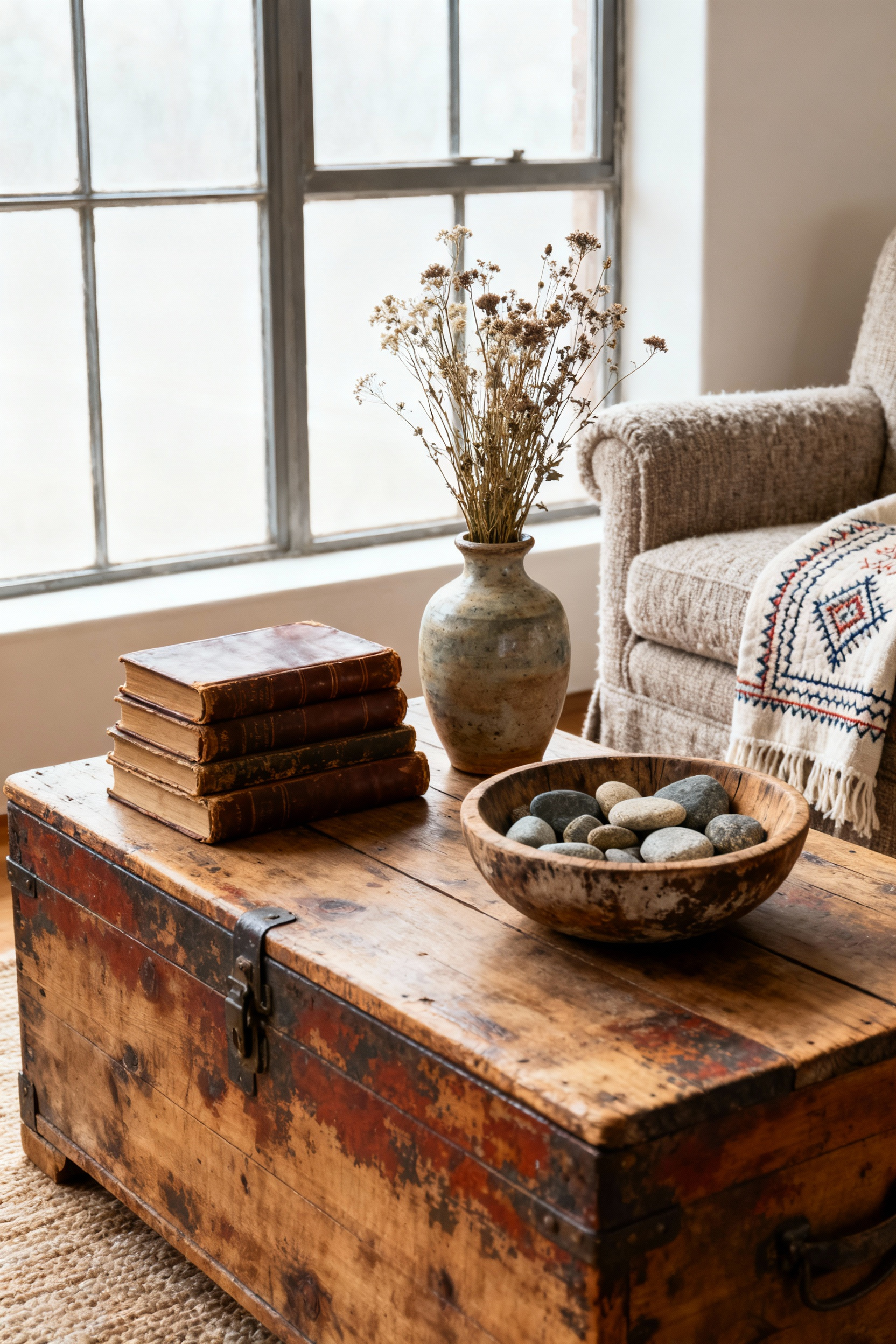 A rustic living room vignette featuring a reclaimed wooden coffee table, old leather-bound books, a handcrafted ceramic vase with wildflowers, and river stones, beside a cozy armchair draped with a hand-stitched blanket, conveying a sense of history and storytelling.