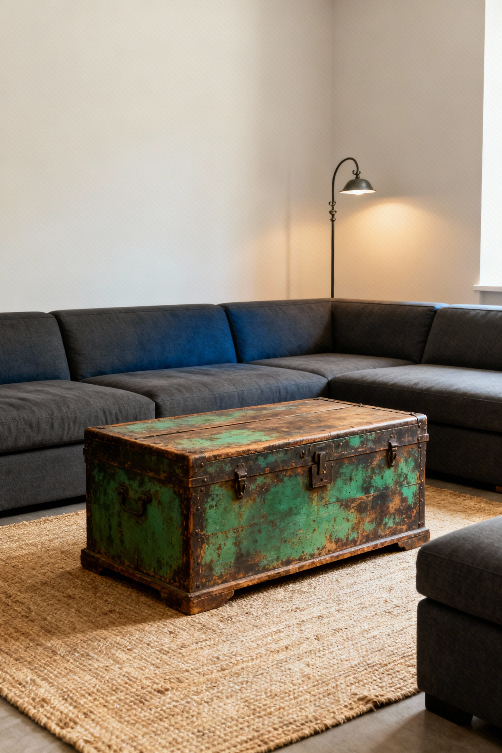 Rustic living room decor featuring a patina-rich antique wooden coffee table paired with a modern gray sectional sofa, creating a dynamic contrast with natural textures and warm lighting.