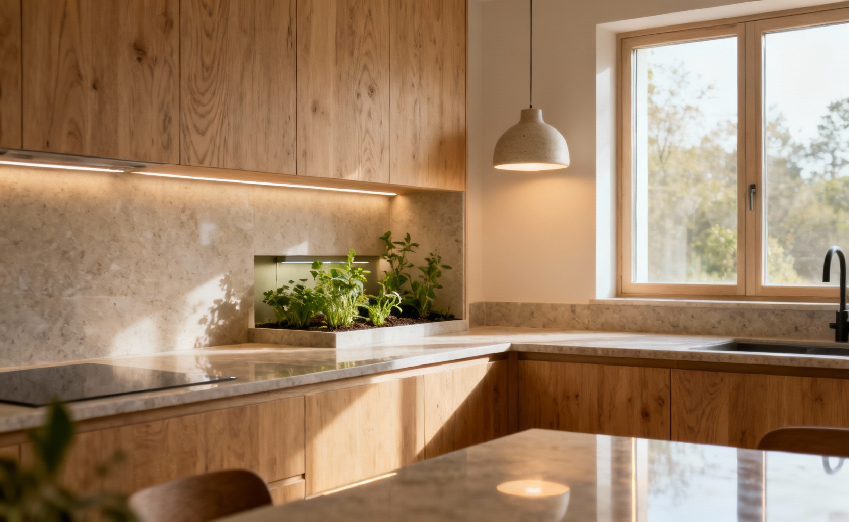 A professionally photographed Scandinavian kitchen showcasing hygge design. Features light wood cabinetry, natural stone countertops, abundant natural light, and layered lighting, with an indoor herb garden. The scene is calm and inviting.