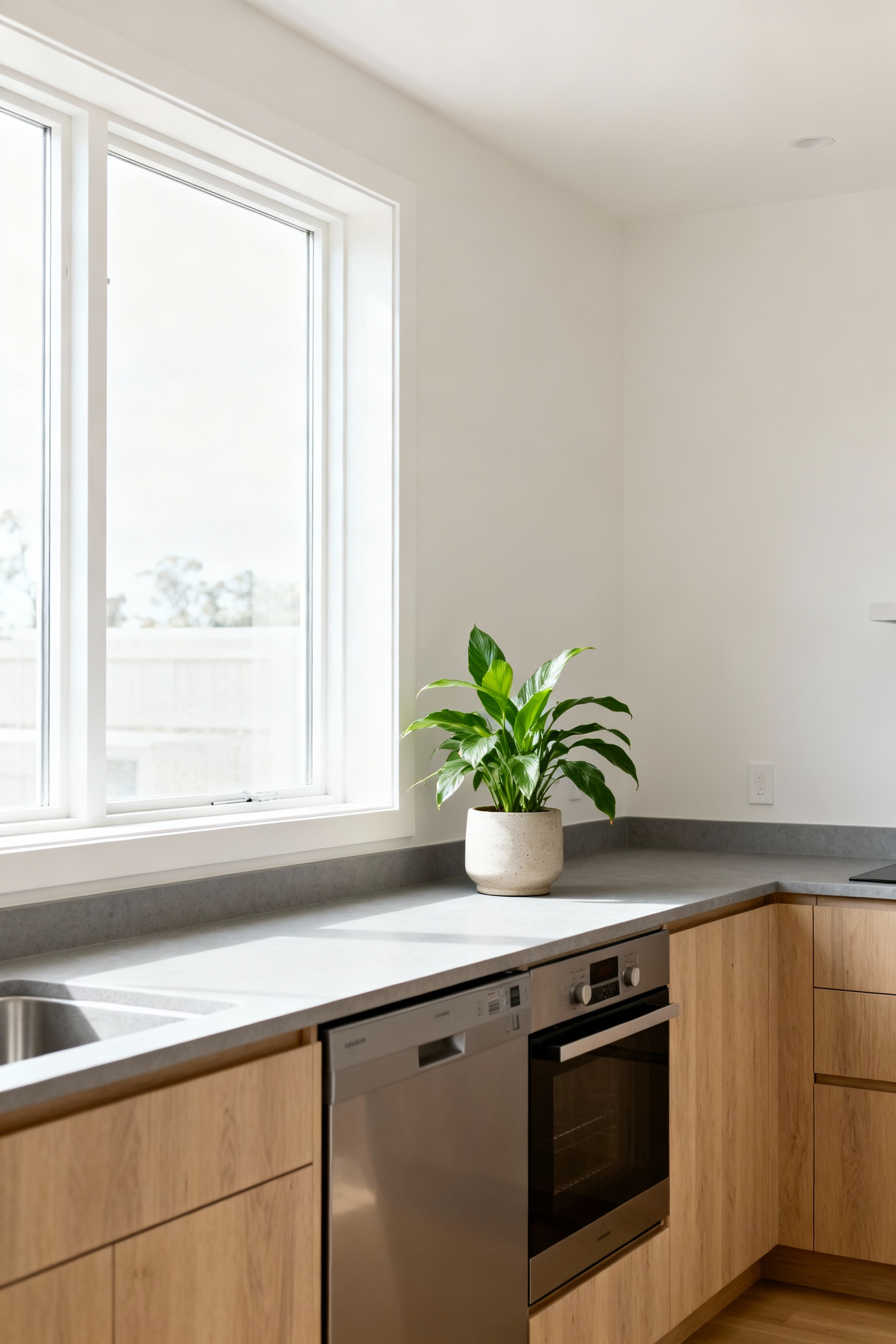 Portrait view of a modern Scandinavian minimalist kitchen with light wood integrated cabinets, white countertops, and hidden appliances, showcasing functional design. The room is bright with natural light, featuring clean lines and a simple green plant. No people.