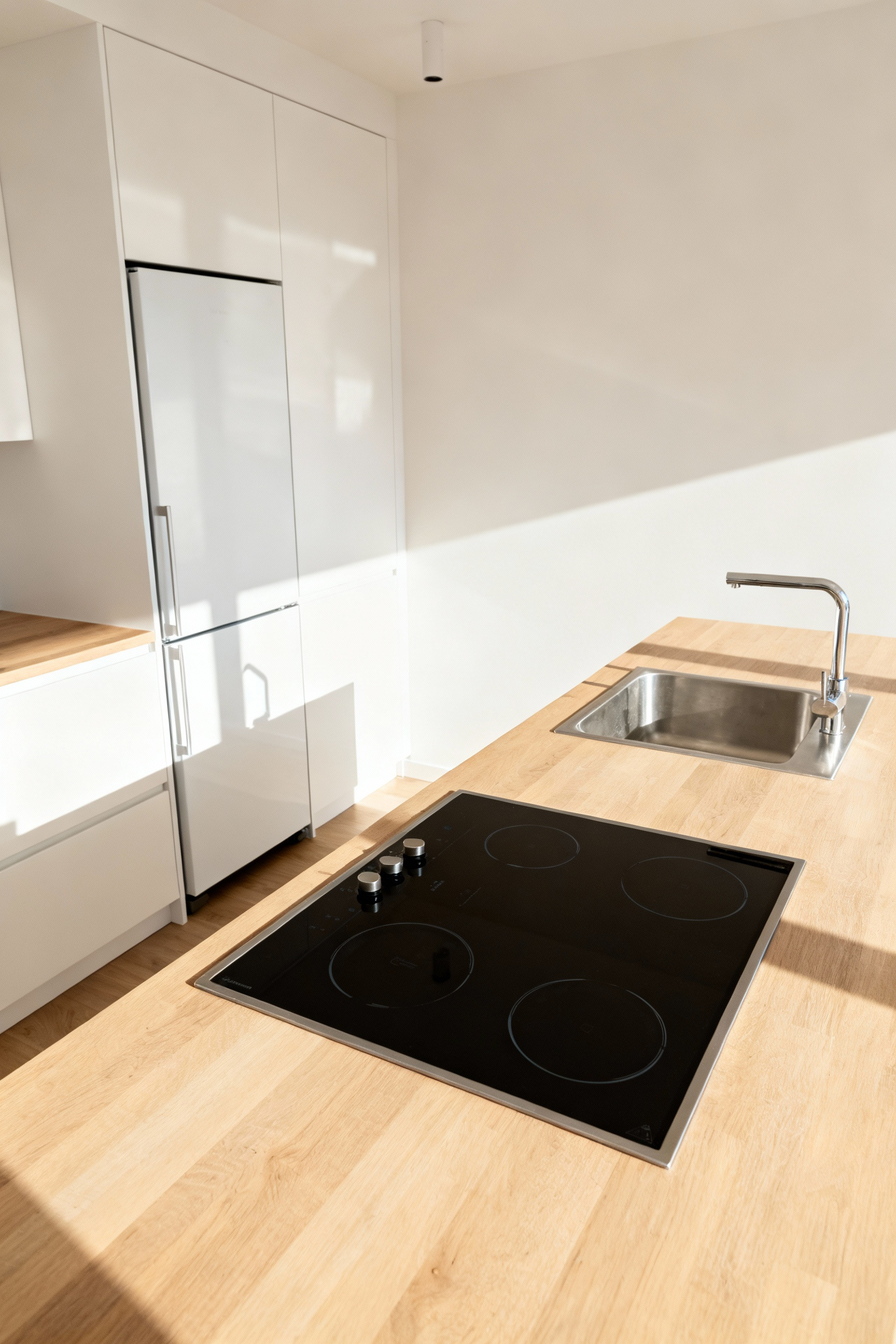 Scandinavian kitchen with an ergonomic work triangle, showing the path between refrigerator, sink, and cooktop with minimalist design and natural light.