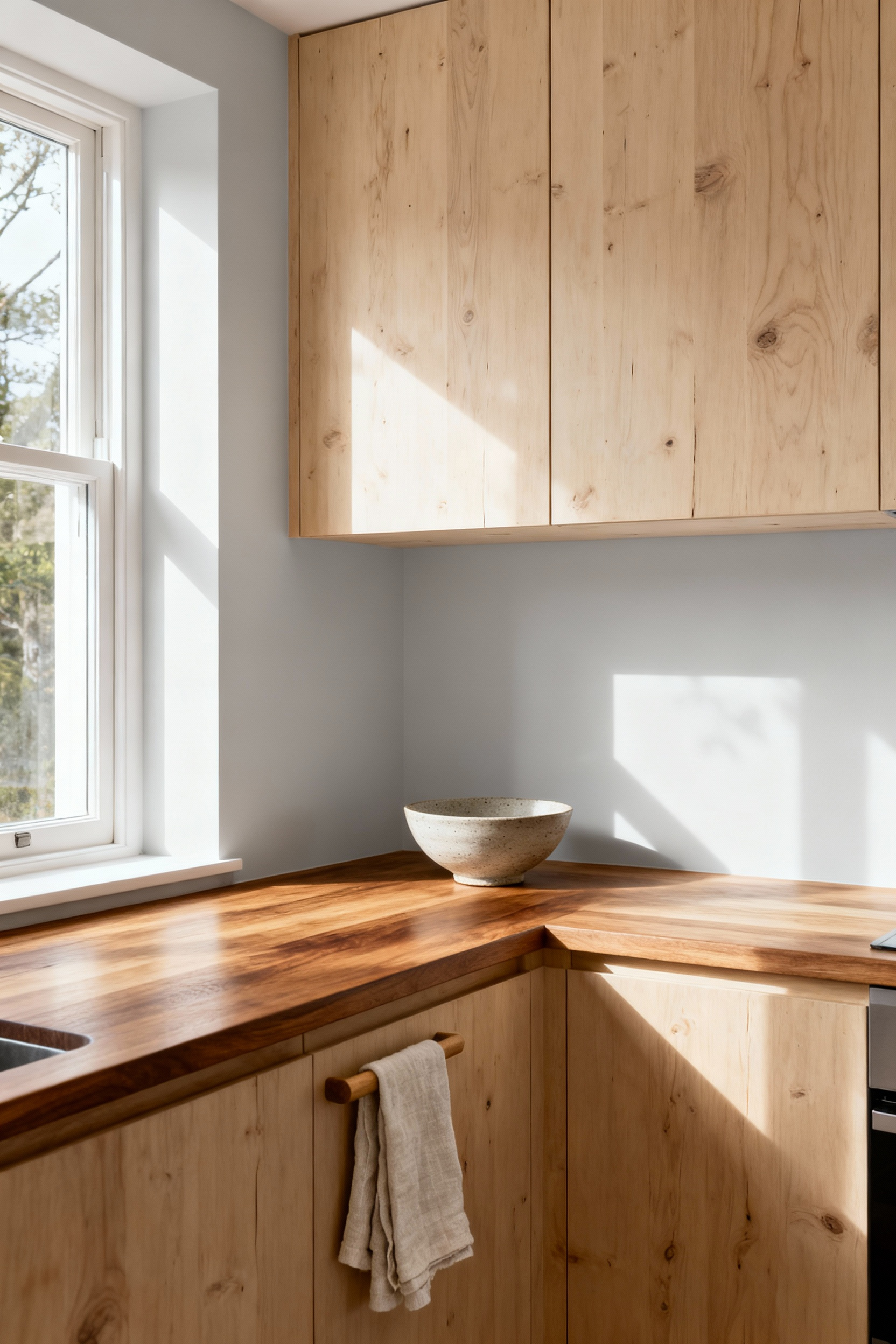 Scandinavian kitchen with untreated light wood cabinetry and countertops, soft natural lighting highlighting wood grain, minimalist decor.