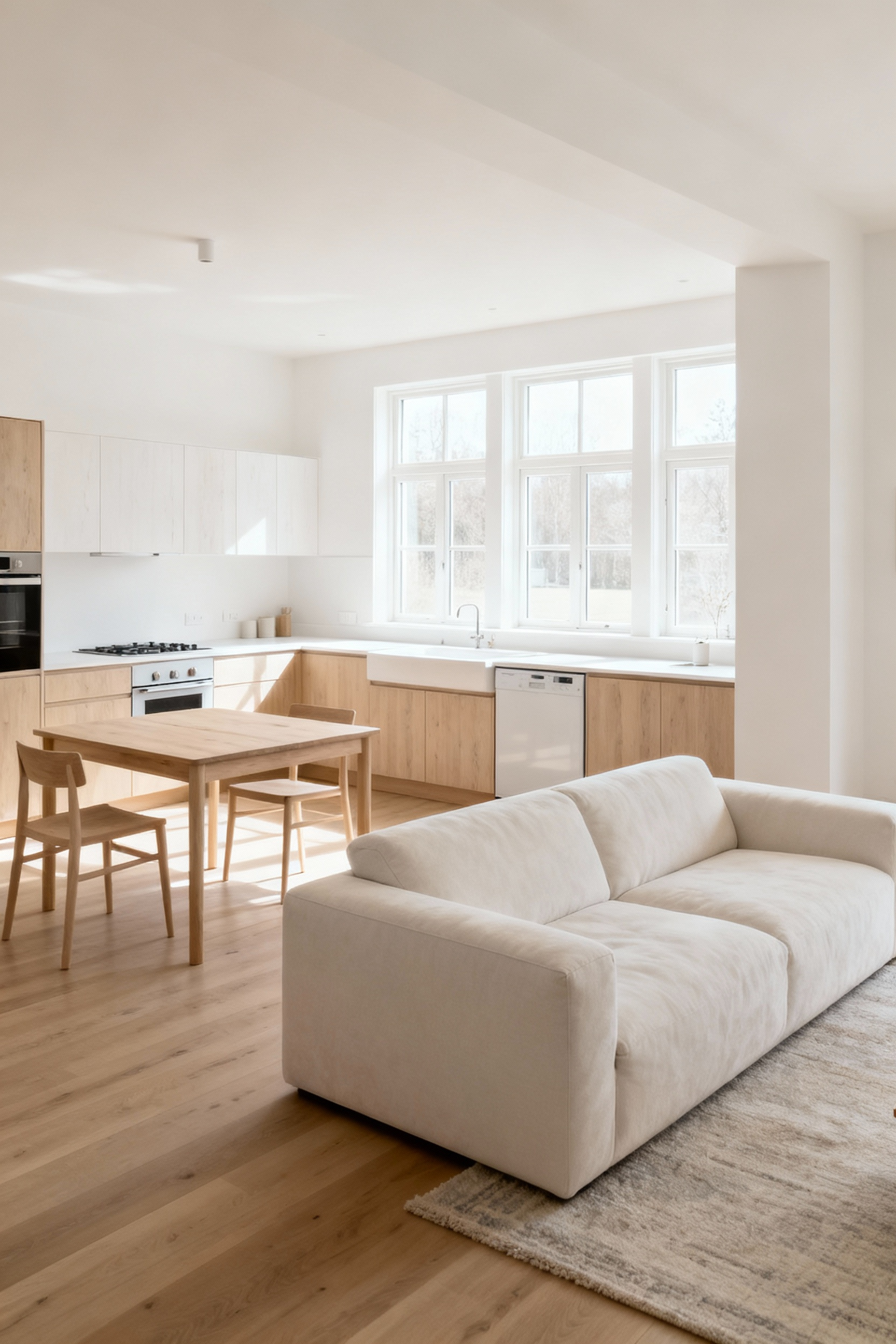 A spacious and fluid Scandinavian open-concept kitchen seamlessly blending into dining and living areas, filled with natural light and minimalist design, promoting social interaction.