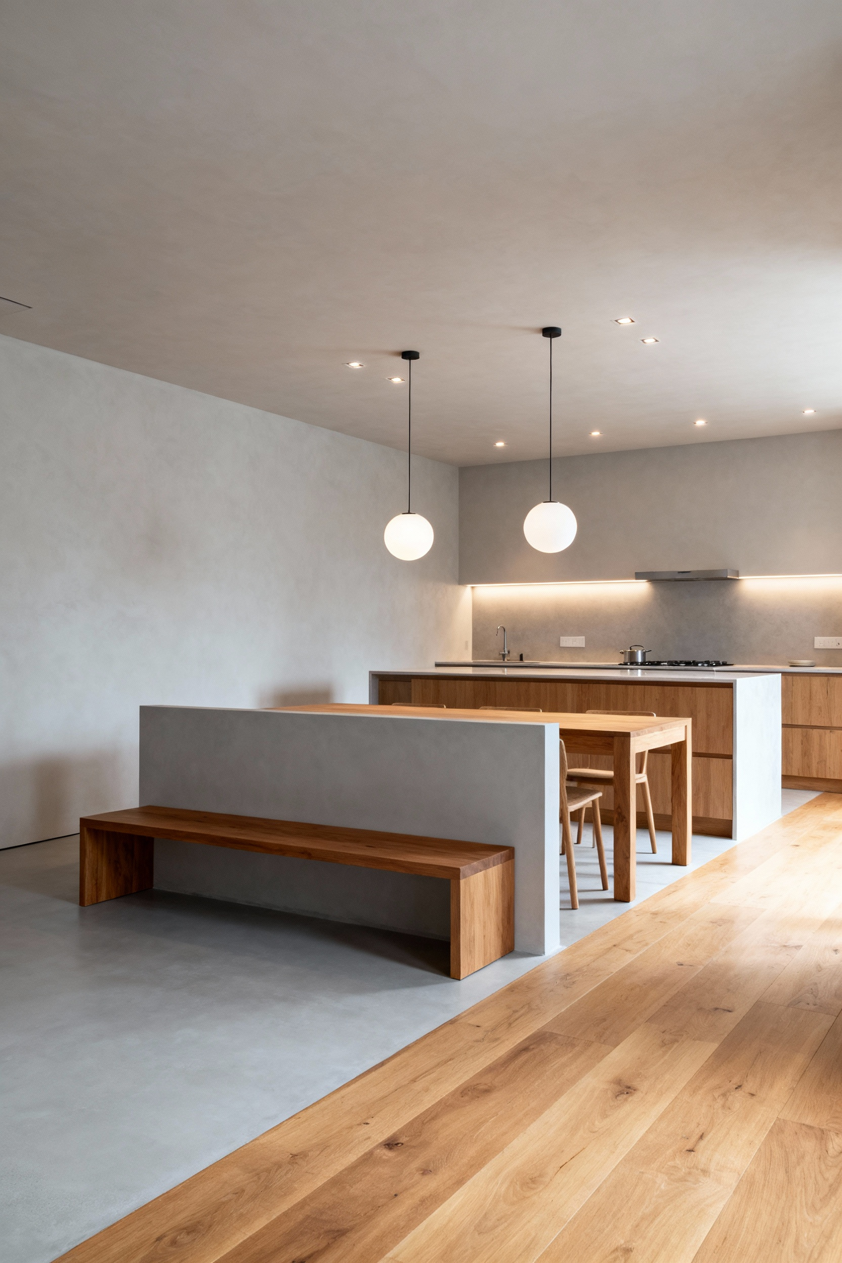 Scandinavian kitchen interior showcasing purposeful material and lighting transitions, defining cooking and dining zones harmoniously without physical barriers.