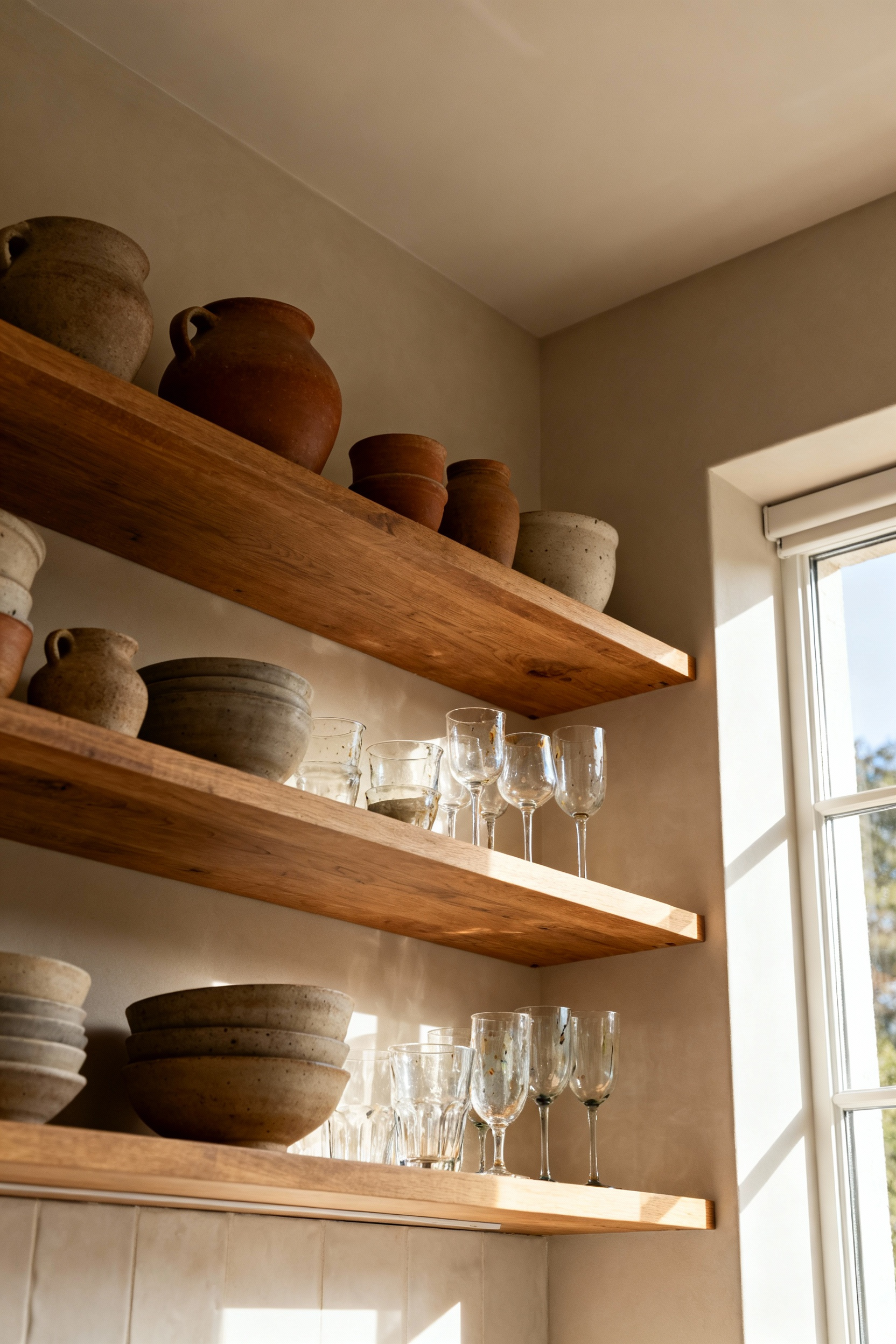 Scandinavian kitchen with open oak shelving displaying handcrafted ceramic mugs, bowls, and clear artisan glassware under natural light.