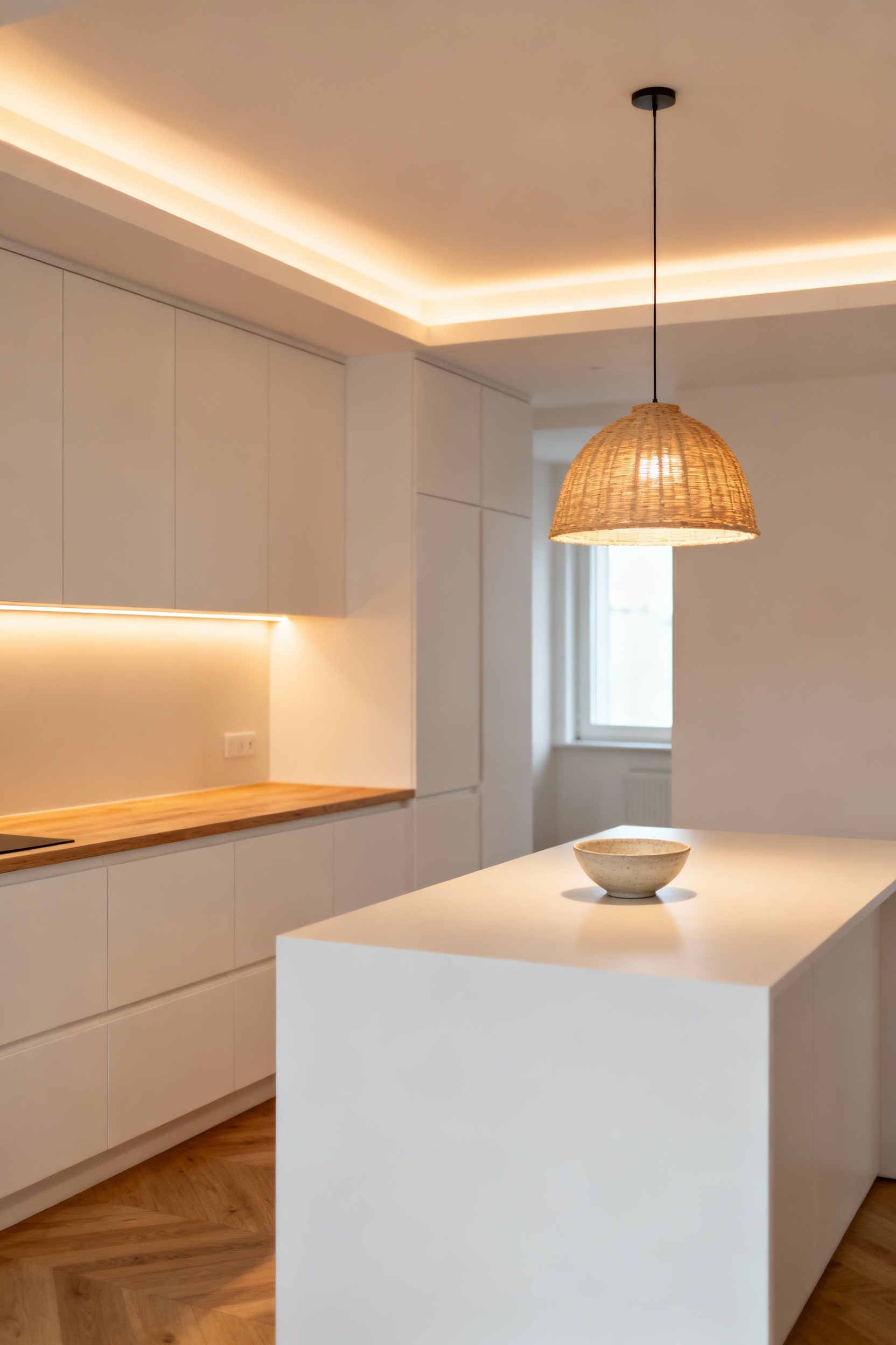 Scandinavian kitchen with layered lighting, showing under-cabinet task lights, ambient cove lighting, and a decorative pendant light over an island. The kitchen is clean, minimalist, and features light wood and white finishes.