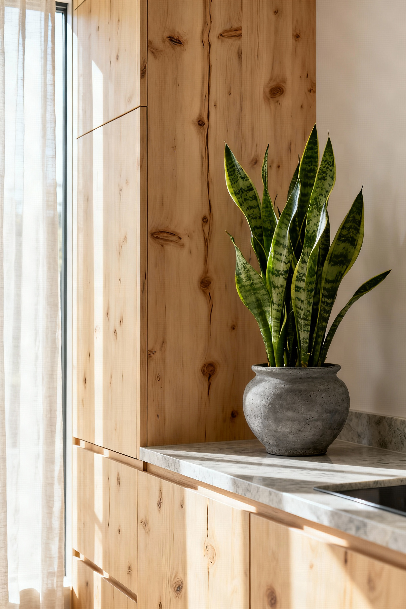 A modern Scandinavian kitchen featuring biophilic elements, light birch wood cabinetry, natural stone countertop, and a snake plant in a ceramic pot near a sunlit window.
