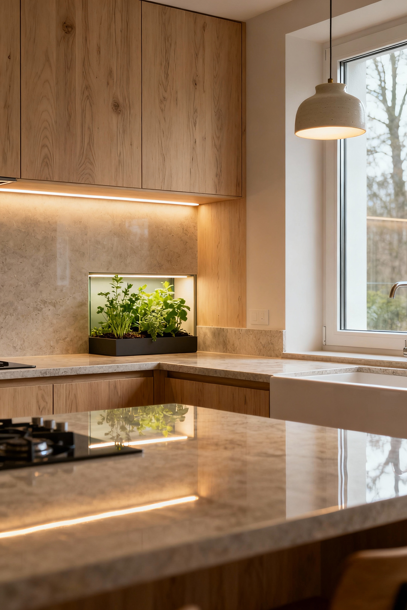 A professionally photographed Scandinavian kitchen showcasing hygge design. Features light wood cabinetry, natural stone countertops, abundant natural light, and layered lighting, with an indoor herb garden. The scene is calm and inviting.