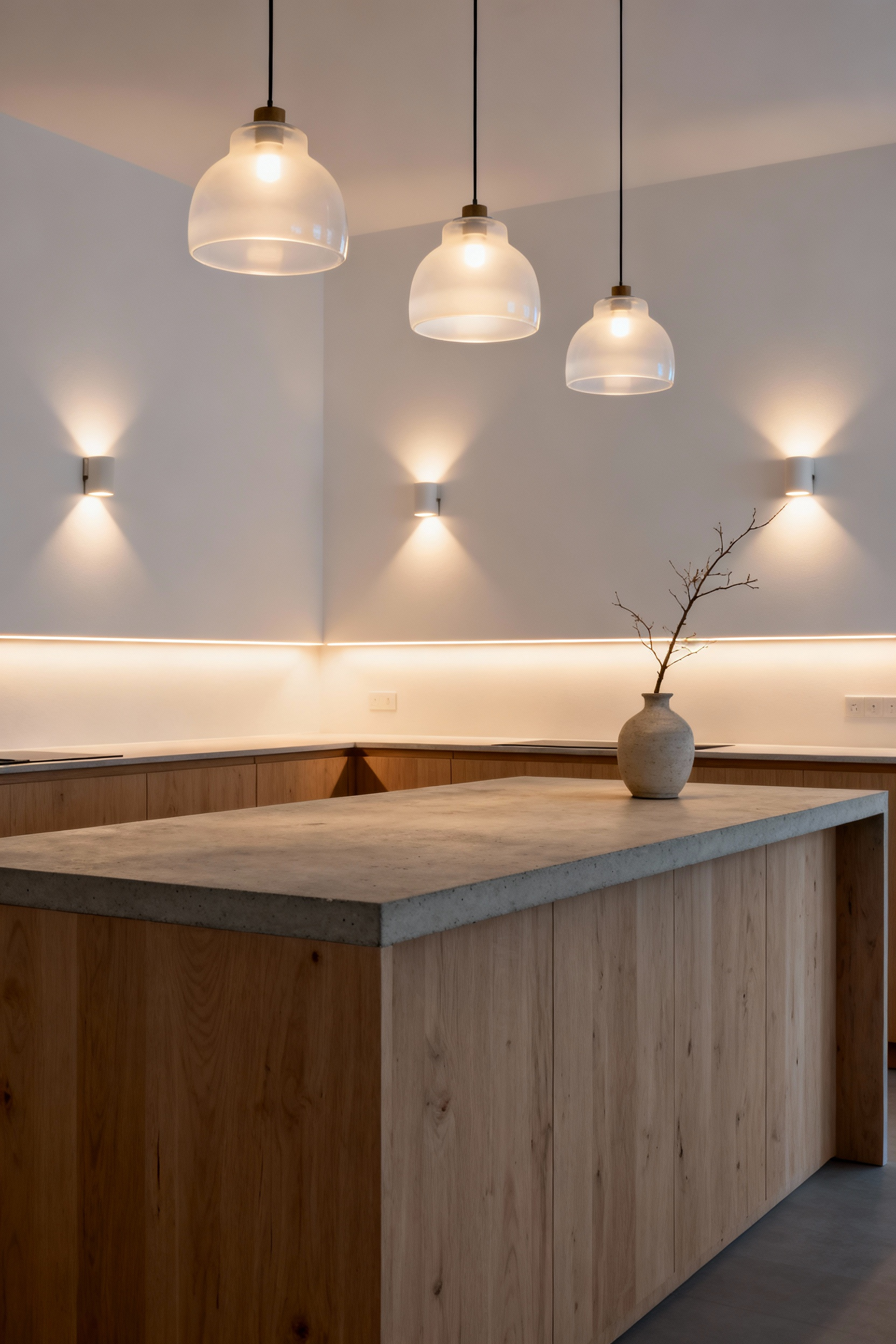 A modern Scandinavian kitchen at evening, illuminated by soft, layered indirect lighting from pendant lights, wall sconces, and under-cabinet lights, creating a warm and inviting atmosphere with natural materials.