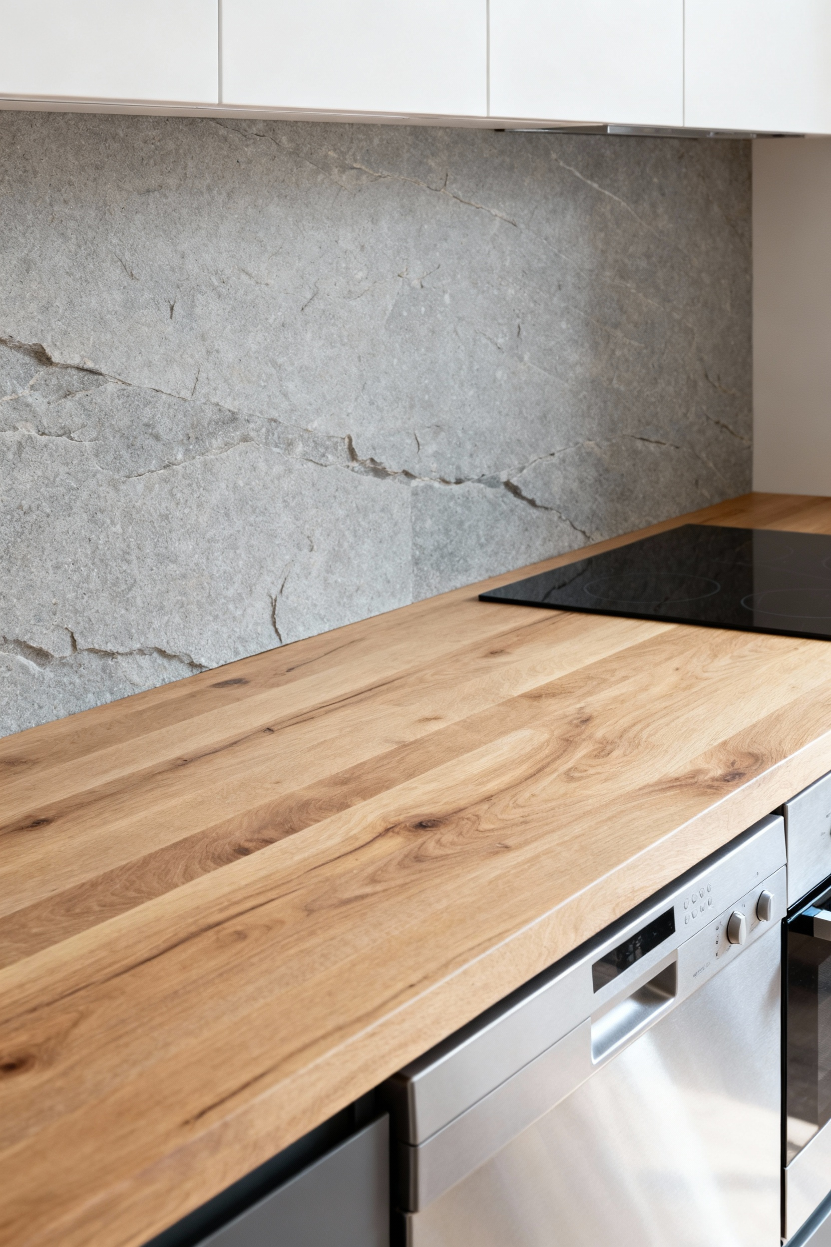 A pristine Scandinavian kitchen featuring light oak cabinetry and stone countertops, symbolizing sustainable practices and durable design. The space is uncluttered and bathed in natural light, showcasing material longevity.