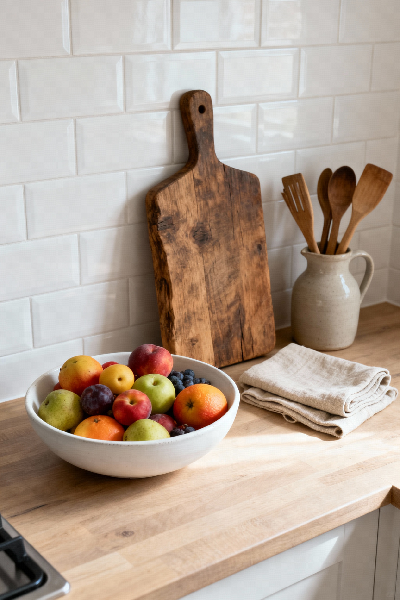 A serene Scandinavian kitchen countertop with practical decorative accents including a ceramic fruit bowl, wooden cutting board, linen tea towel, and stoneware utensil jug, under soft natural light.